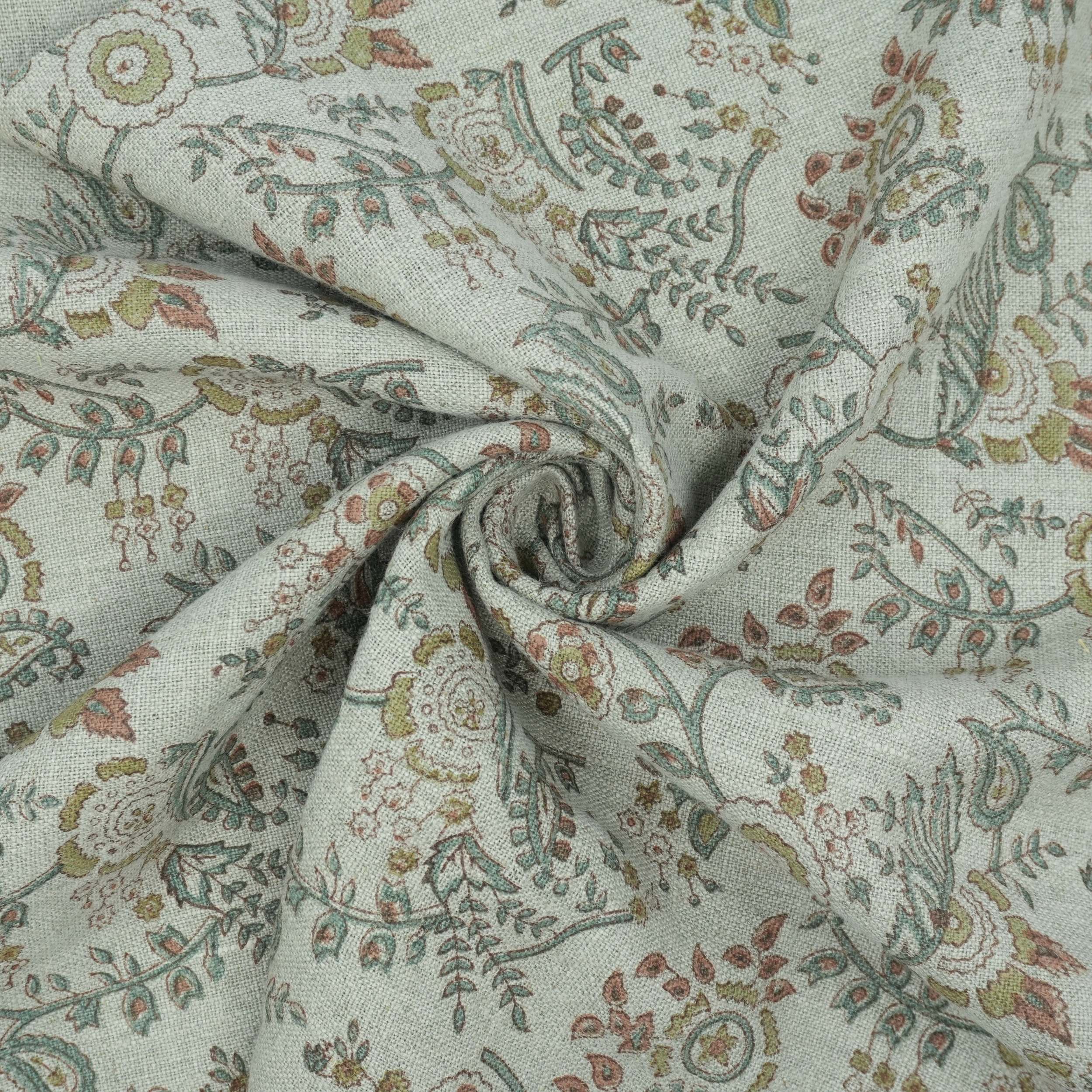 Blue Brown Floral Hand Block Print Linen Arpan Fabric