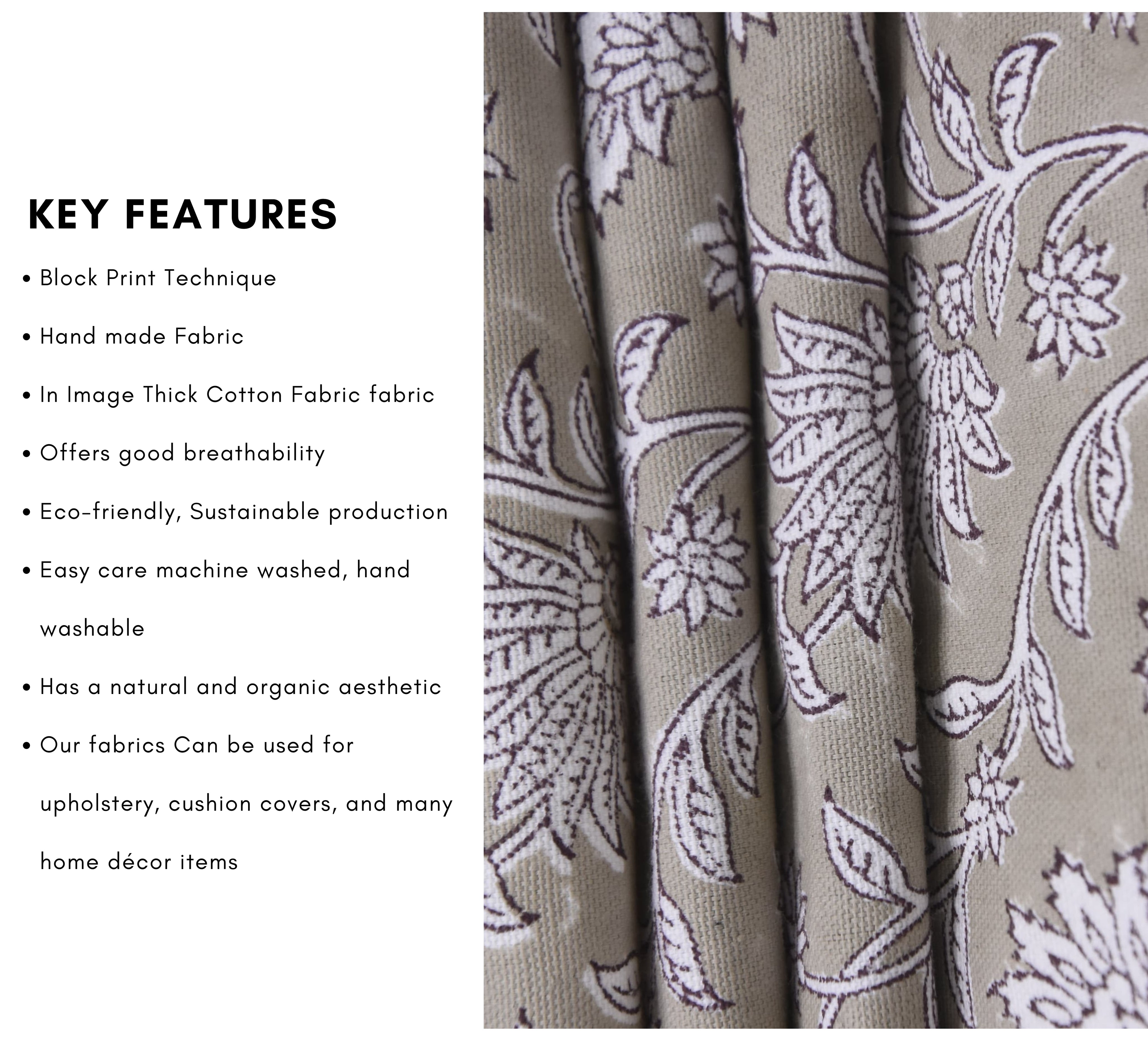 Hand Block Print Thick Cotton 44" Wide Printed Curtain Indian Fabric by the Yard Pillow Cover - JALDHARA