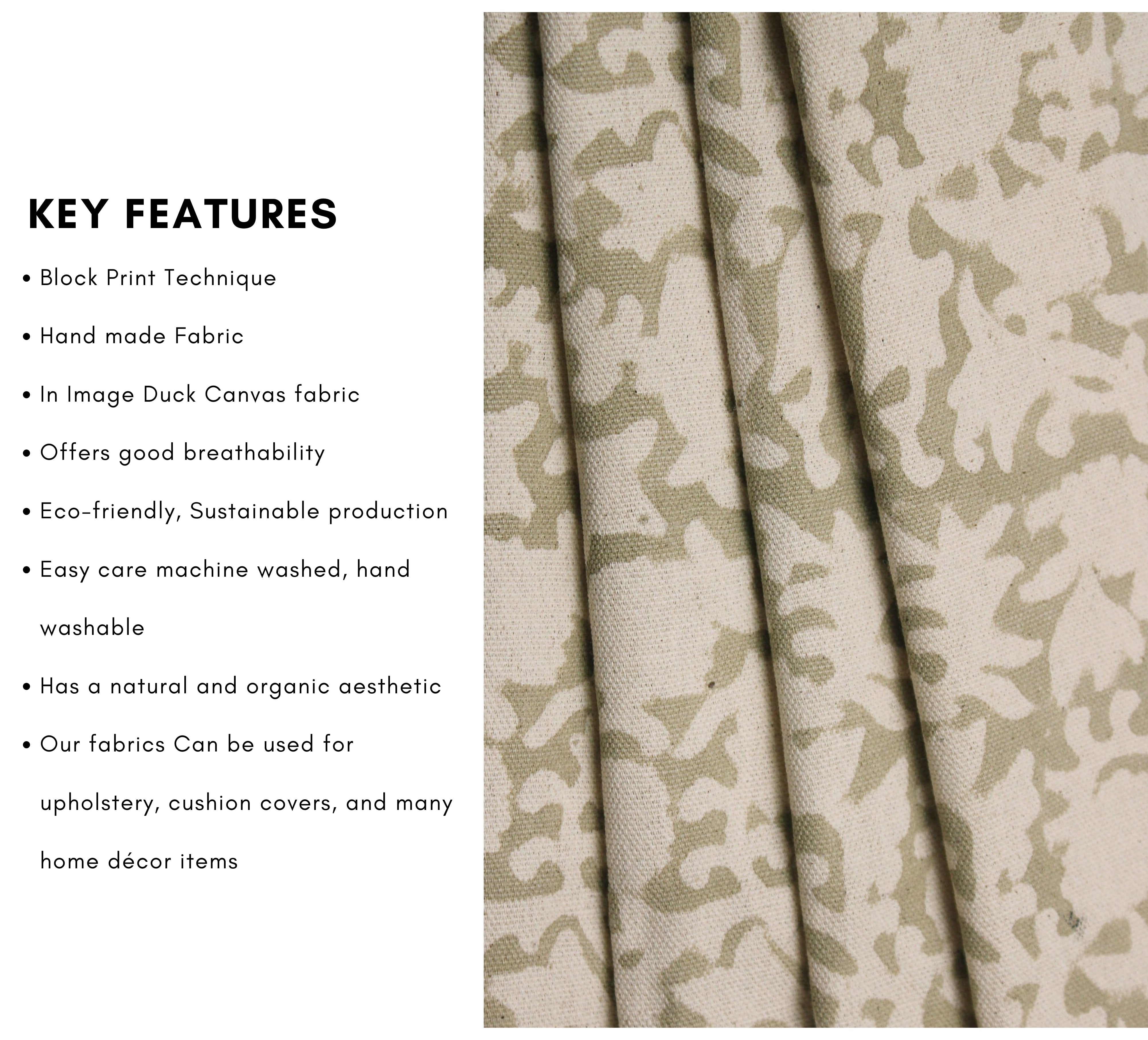 Gaia  Handmade Block Print Fabric, Heavy Upholstery Linen, Designer Pillow Fabric, Floral Print Fabric, Home & Farmhouse Decors