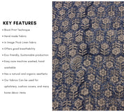 Block Print Linen Fabric, Tulsi Buti Dark Blue  Popular Indian Handmade Art Block Print Linen  Linen By The Yard  Heavy Weight Decorative Fabric