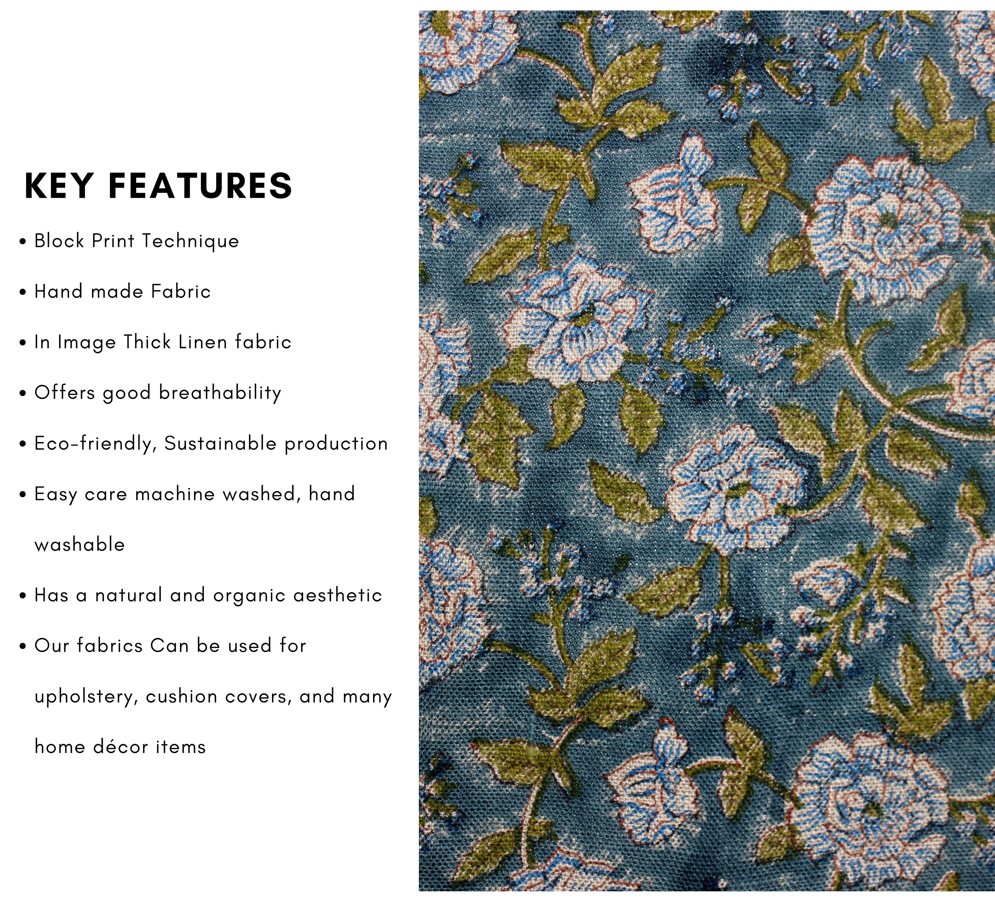 Block Print Linen Fabric, Rameshwaram   Sustainable Linen & Cotton Block Print Fabrics  100% Natural And Handmade Indian Art  Designer Decorative Fabrics