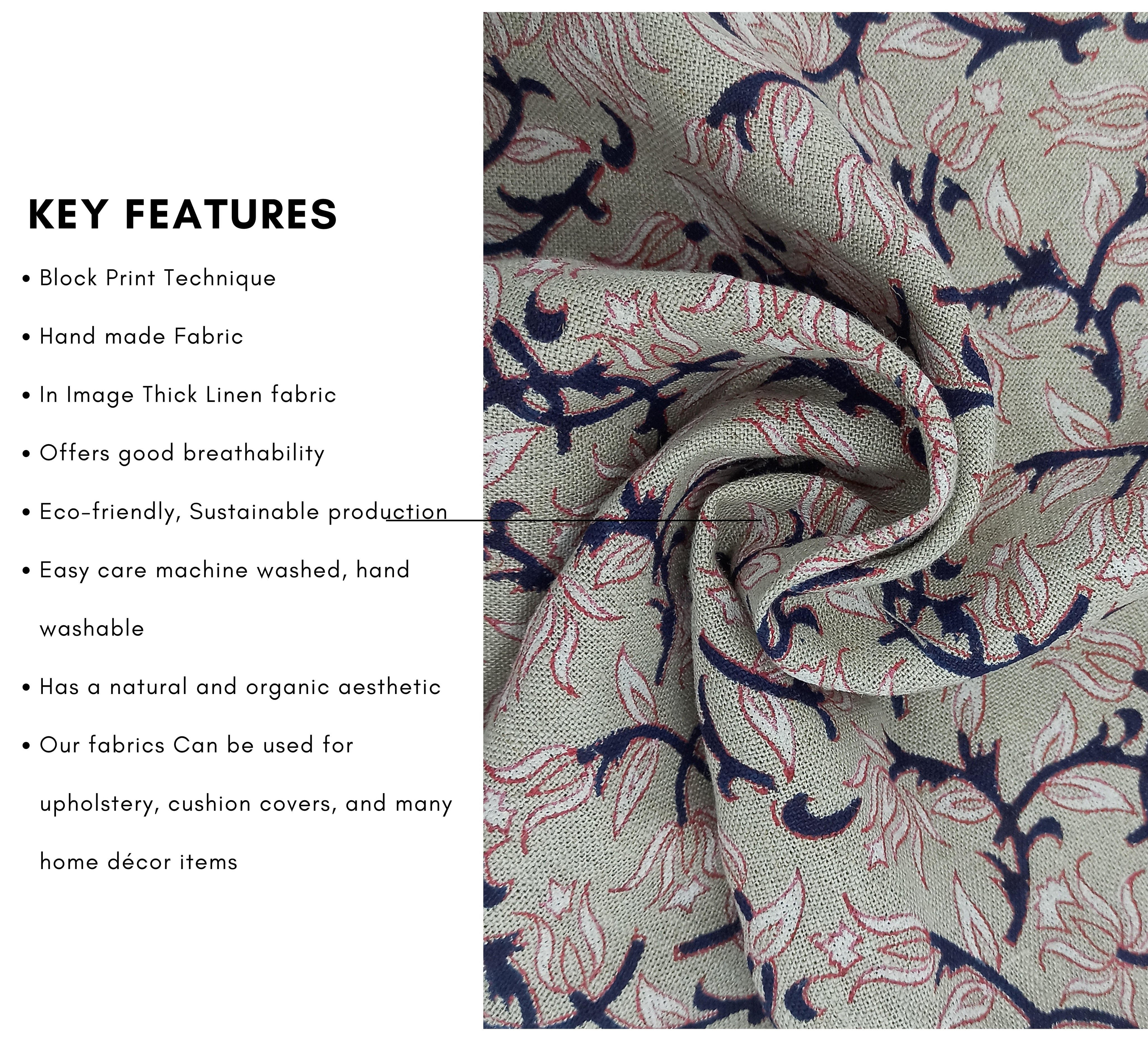 Block print Thick linen fabric, hand stamped, floral pattern, linen textile, Organic Linen, Hand Made Print- Kamal Dutta