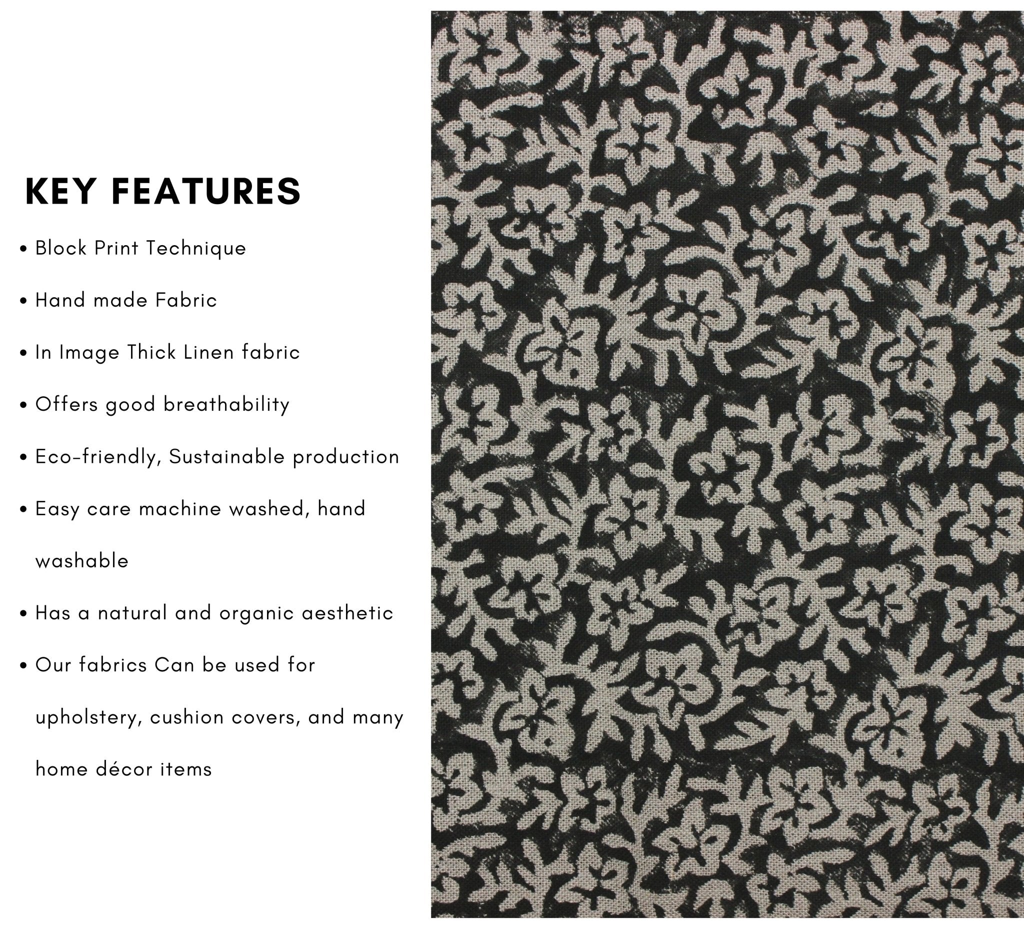 Block Print Linen Fabric, Nidhi Van  Printed Black Fabric Block Print Linen, Indian Fabric, Fabric By The Yards