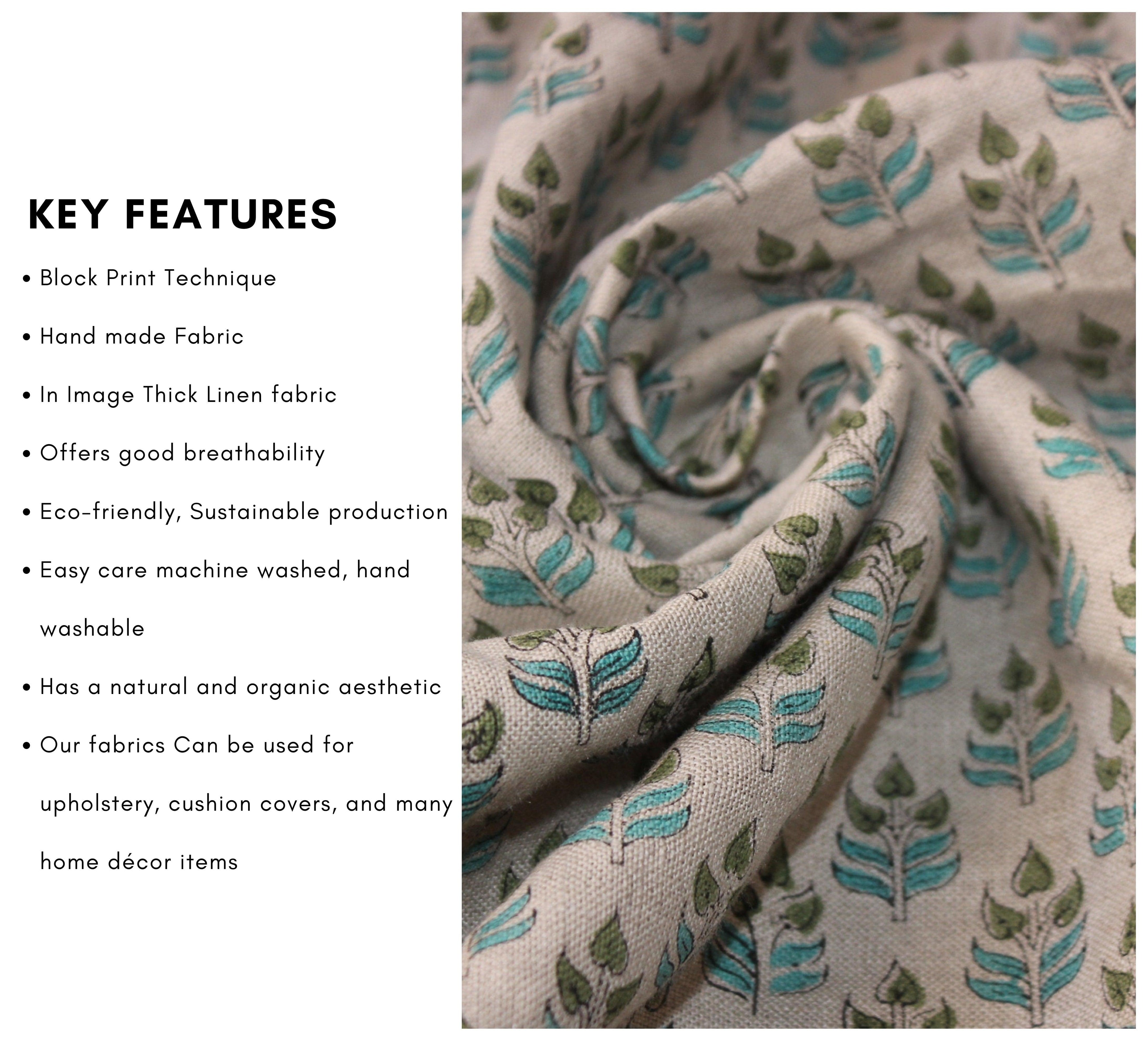 Alia Green  Linen Home Decor, Indian Hand Block Print Linen Fabric, Extra Wide Linen, Linen For Upholstery Works, Linen Curtains. 