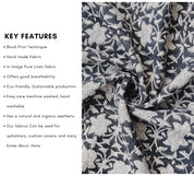 Chudamani Black Hand Block Print Fabric   Natural Linen For Homedecor And Furnishing,Grey Flower Vine Pattern, Linen Cushion Upholstery 