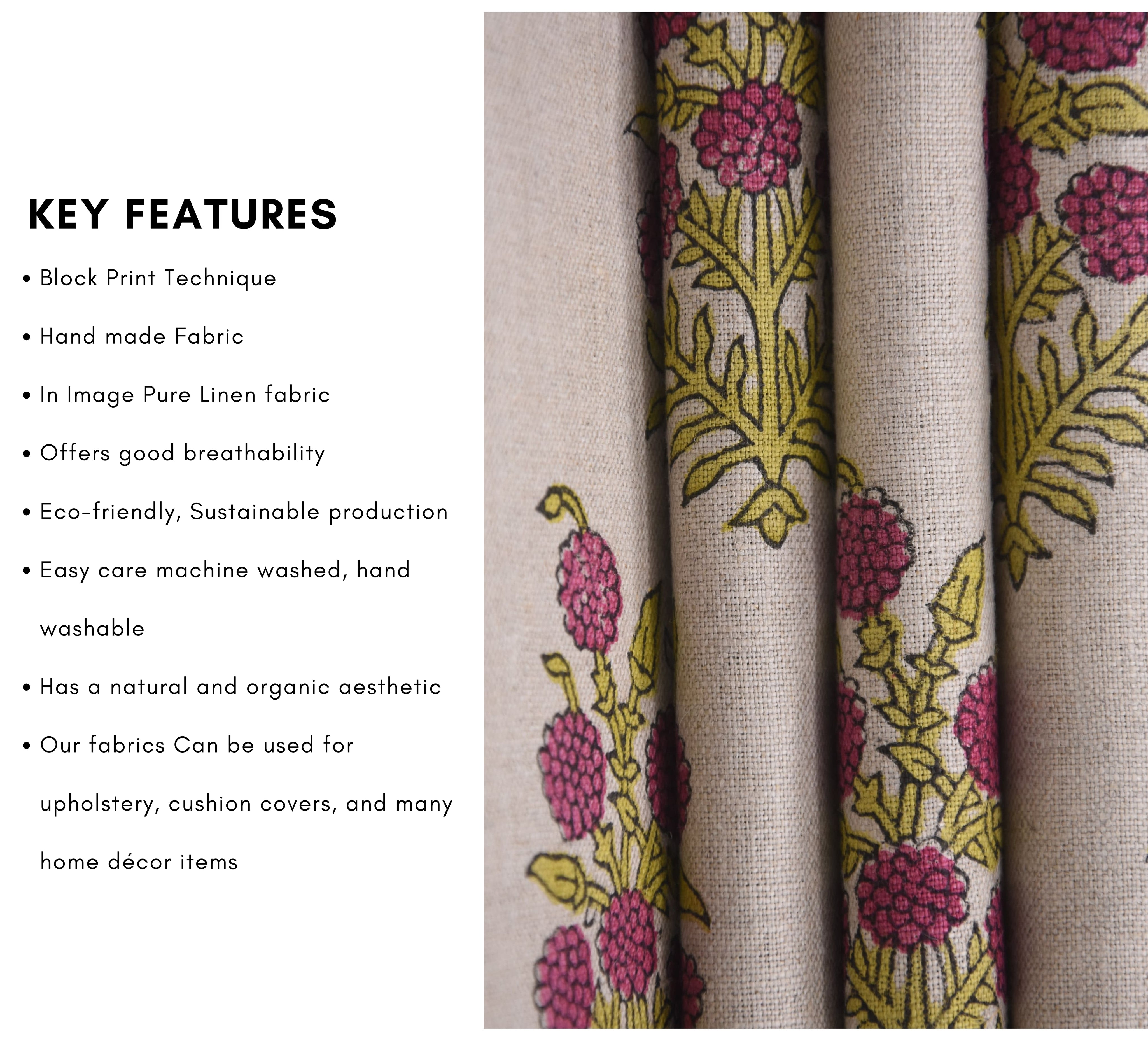 Pure Linen 58" Wide, Indian Handmade Block Print, Decorative Windowpane and Curtain, Pillow Cover and Table Cloth - HJARA