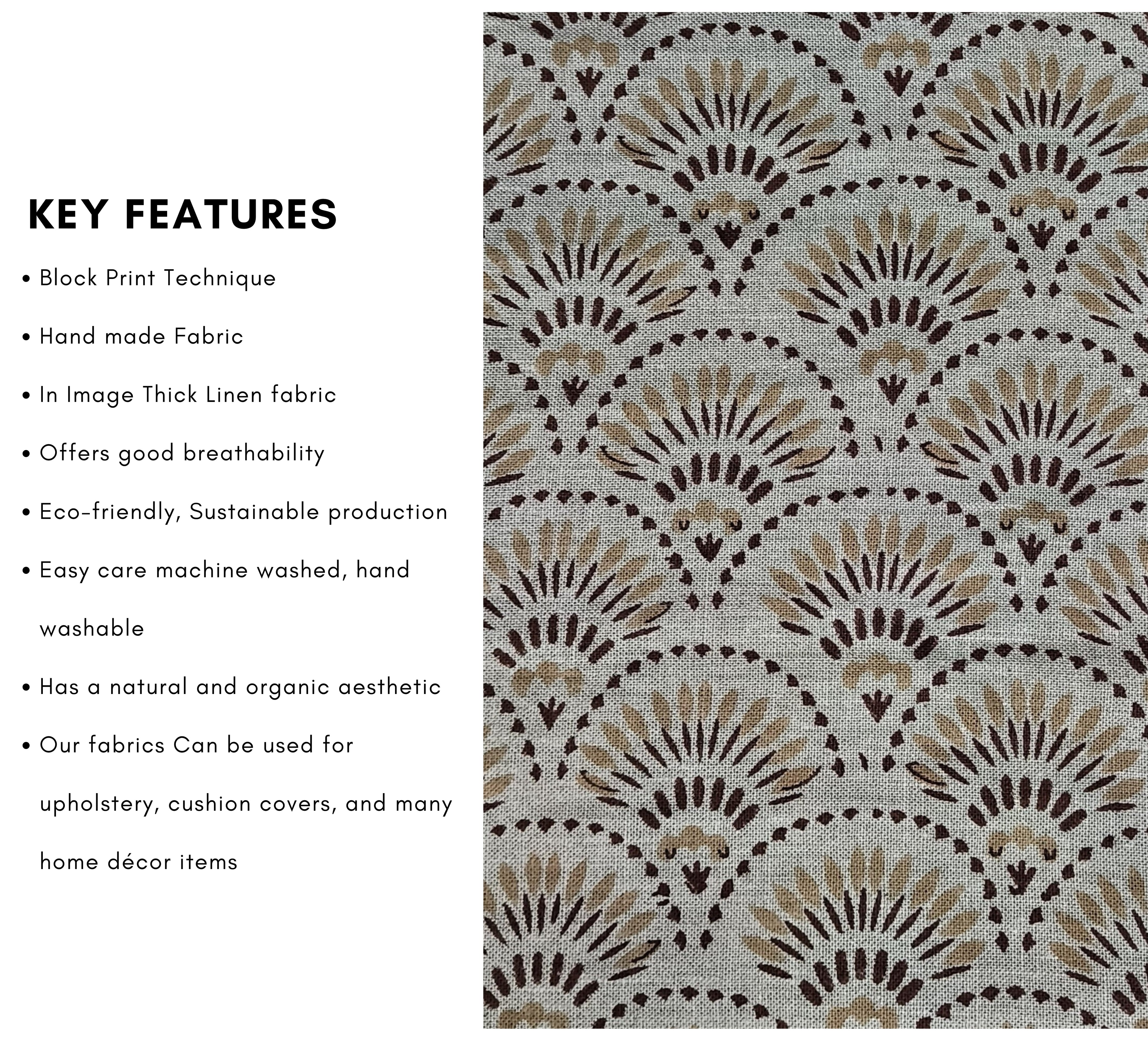 Block Print Linen Fabric, Shubharambh  Natural 100% Linen Block Print Fabric  Indian Flax Fabric By The Yard  Home Upholstery & Interior Pillow For Decors