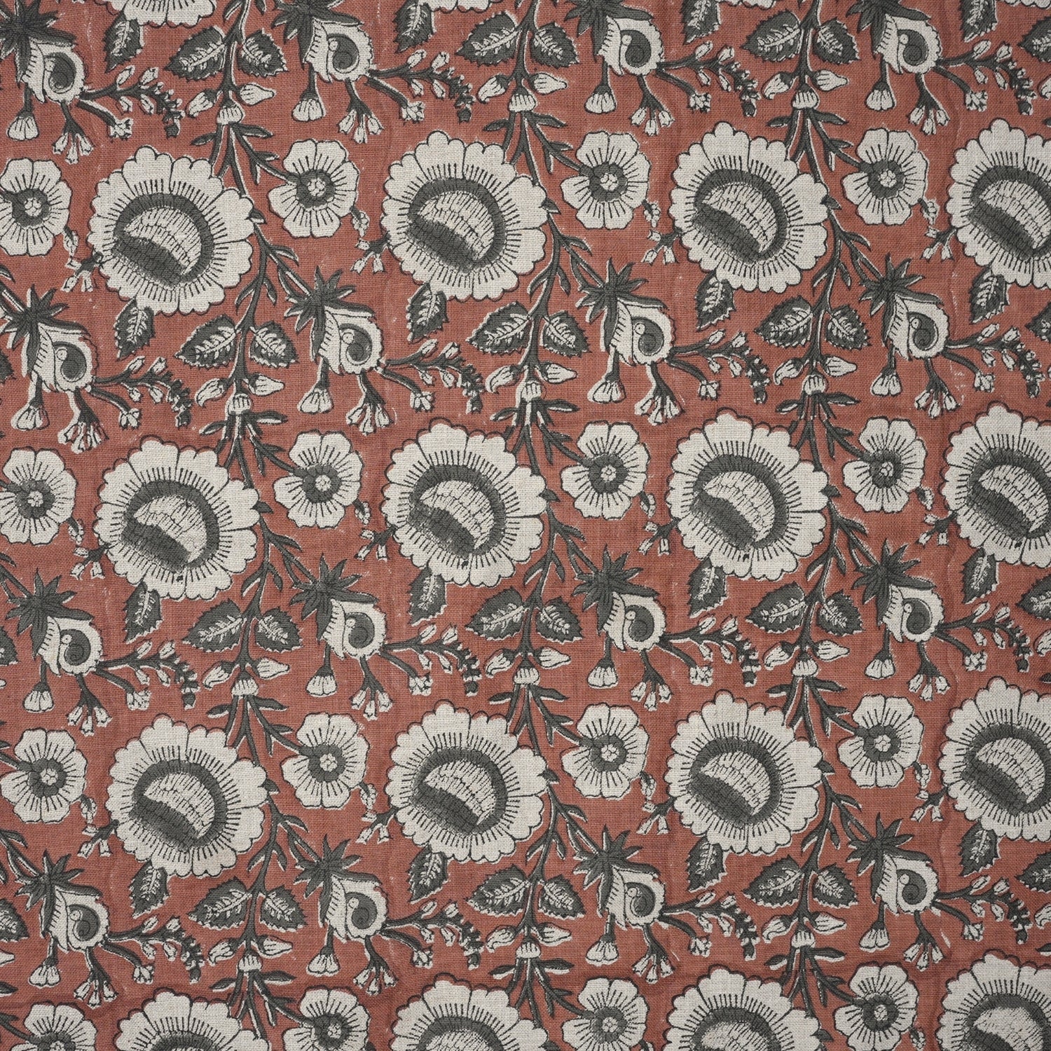 Handcrafted Elegant Red Floral Pure Linen Fabric Sustainable & Soft Sunflower Design