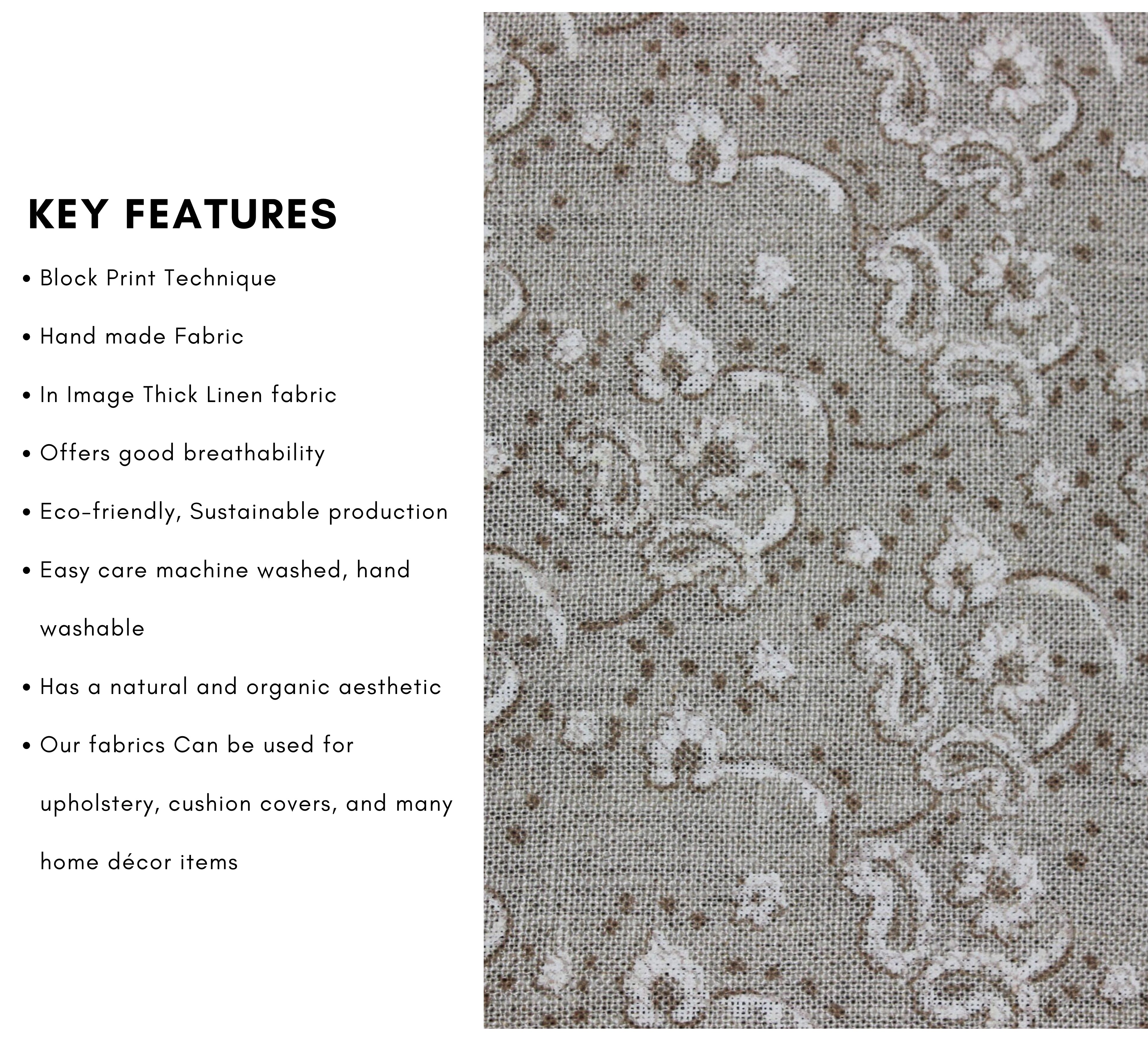 Jonk  Floral Block Print Fabric, Neutral Earthy Color Hand Block Art On Linen Fabrics, Indian Fabric, Home Decors Fabric