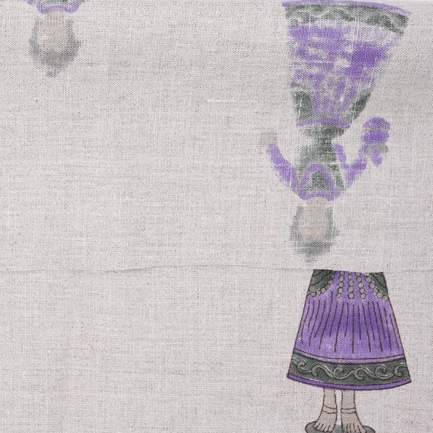 Handmade Art Block Print Decorative Katputli in Purple and Gray on Pure Linen Fabric for Cushion Cover
