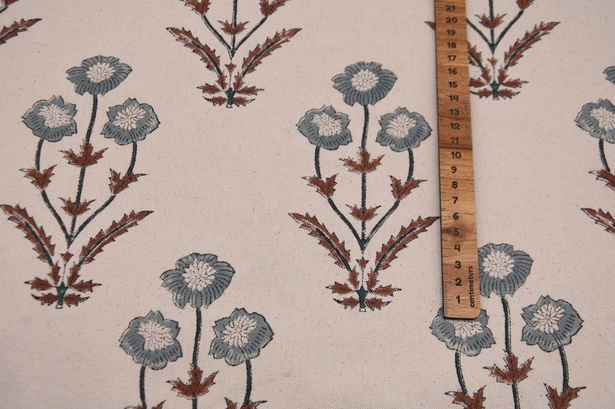 Cotton Block Print Fabric 50 Inch Width Medium Weight Duck Canvas Beige Base Color Curtains and Drapes Pillow Covers Tablecloths and Runners Bedding Tote Bag Lampshades  by Fabritual