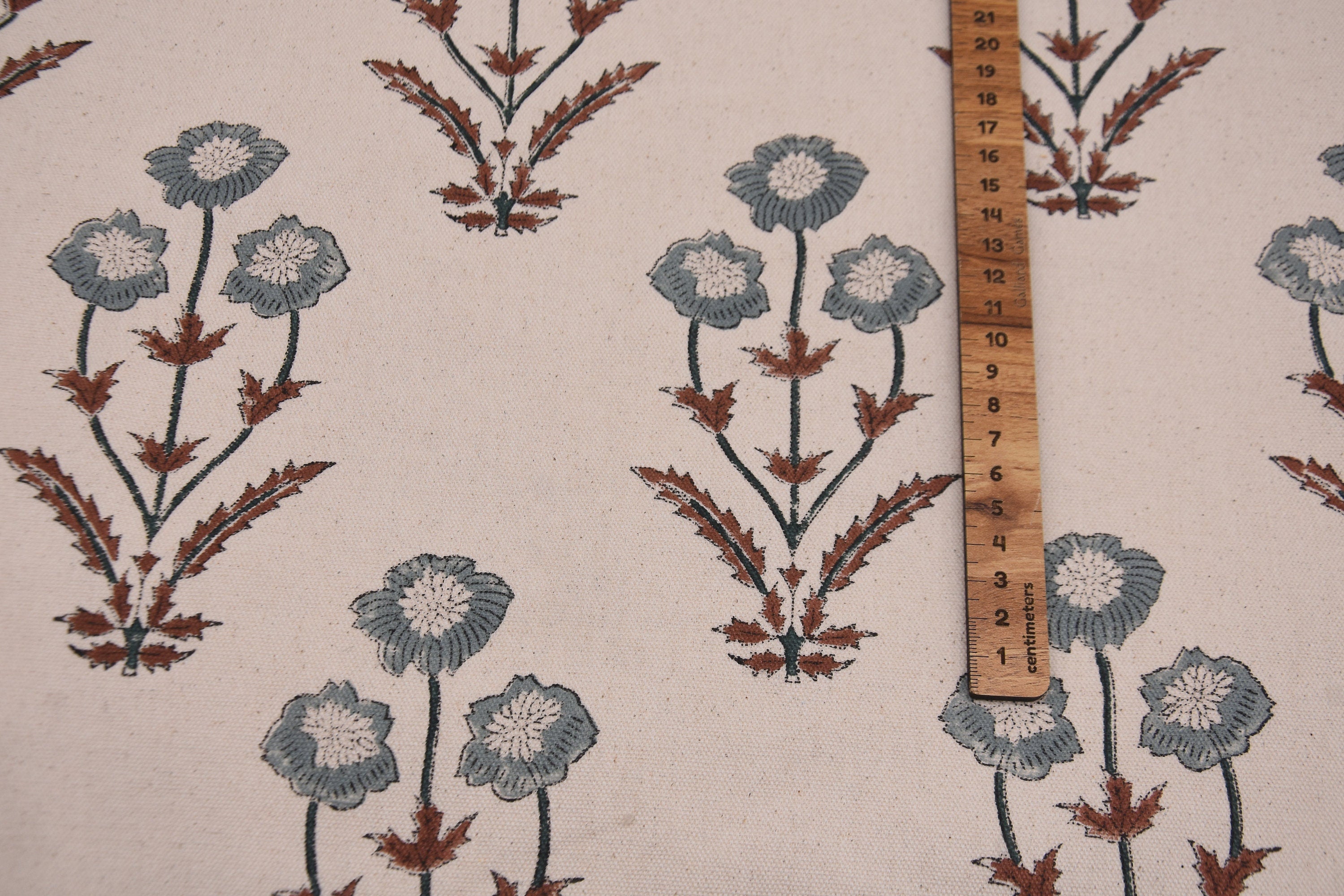 Cotton Block Print Fabric 50 Inch Width Medium Weight Duck Canvas Beige Base Color Curtains and Drapes Pillow Covers Tablecloths and Runners Bedding Tote Bag Lampshades  by Fabritual