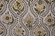 Hand Block Printed AMARBEL 58" Wide Pure Linen Fabric in Green & Mustard Big Floral for Lampshades