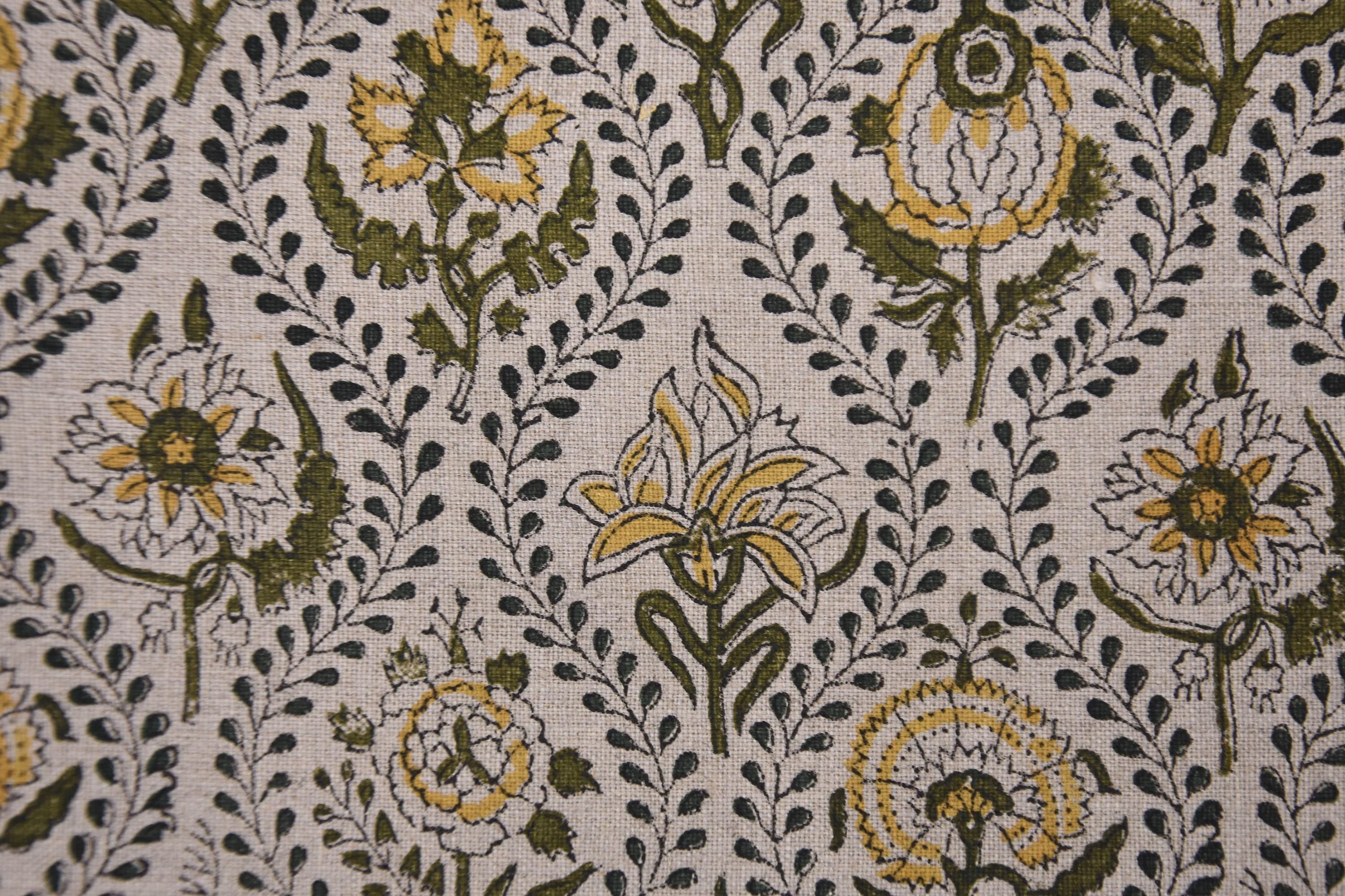 Hand Block Printed AMARBEL 58" Wide Pure Linen Fabric in Green & Mustard Big Floral for Lampshades