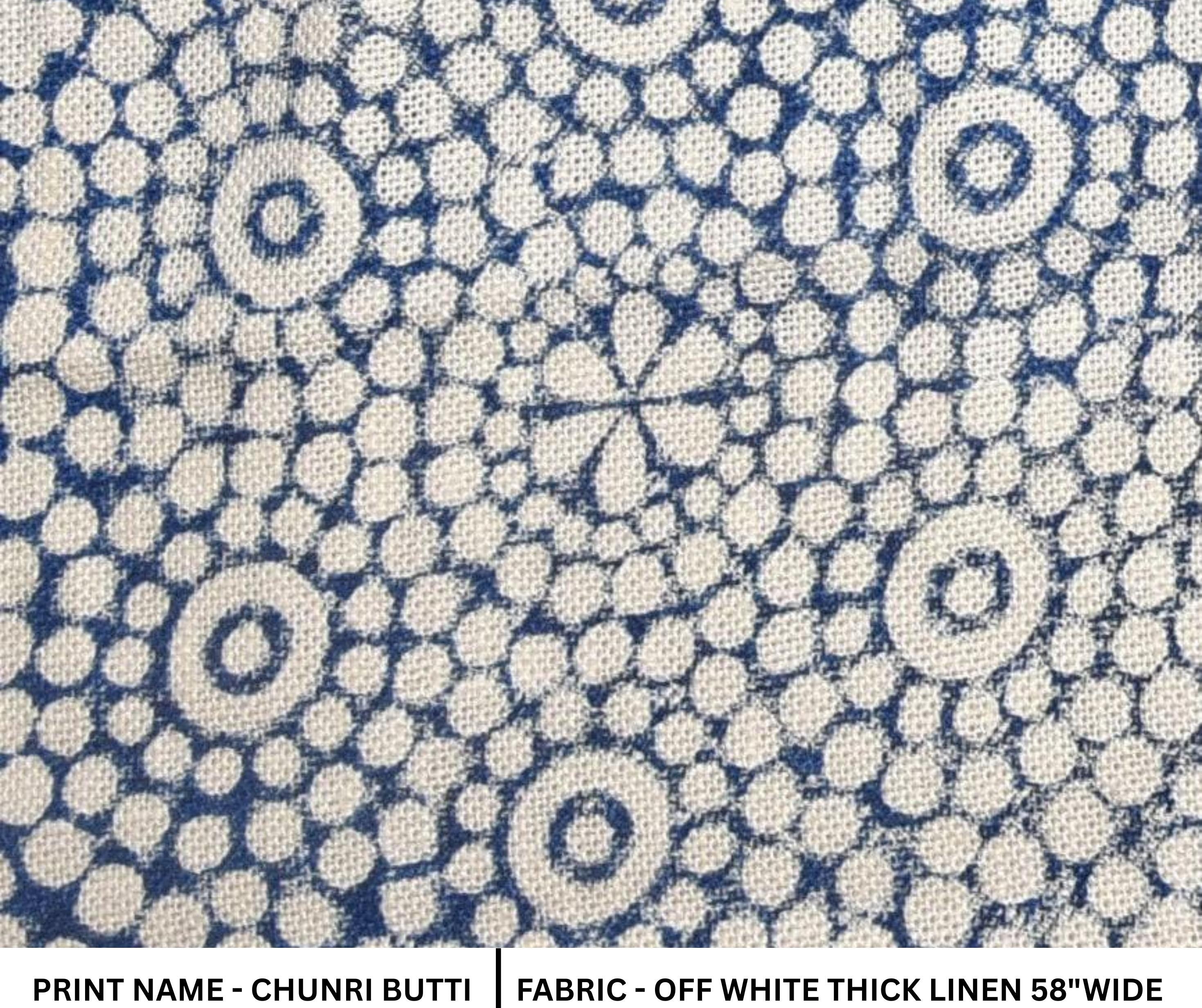 Linen Block Print Fabric 58 Inch Width Heavy Weight Linen Off White Base Color Curtains and Drapes Upholstery Handmade Art Pillow Covers Tablecloths and Runners Bedding Tote Bag Lampshades Napkins by Fabritual