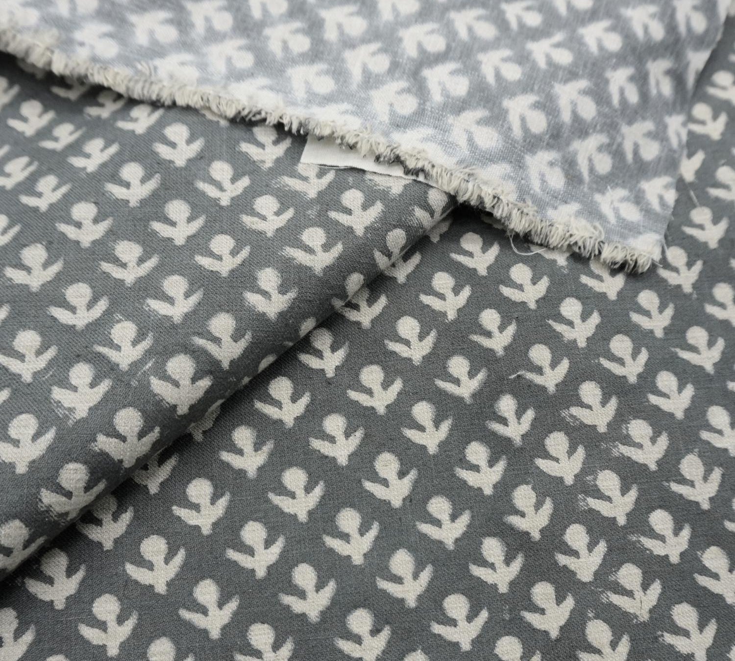 Natural Base Linen Blend Fabric 58” Width with Hand Block Print for Tablecloths and Cushions, Fabritual Lightweight Linen Block Print Fabric Wide for Handmade Decor.