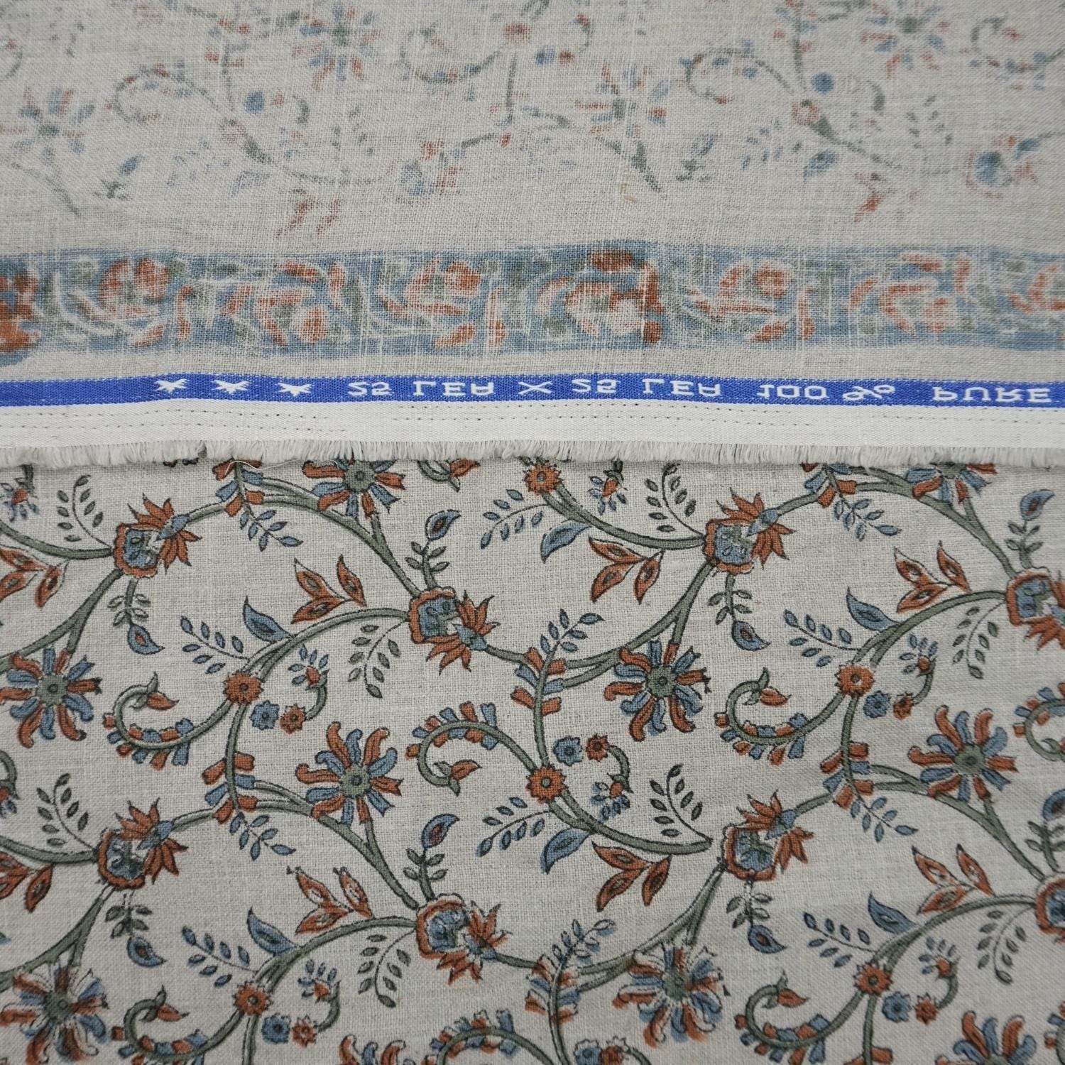 Pure Linen 58 Inch Fabric for Decorative Throws, Runners, and Cushions, Fabritual Pure Linen Fabric with Block Print for Drapery and Pillows.