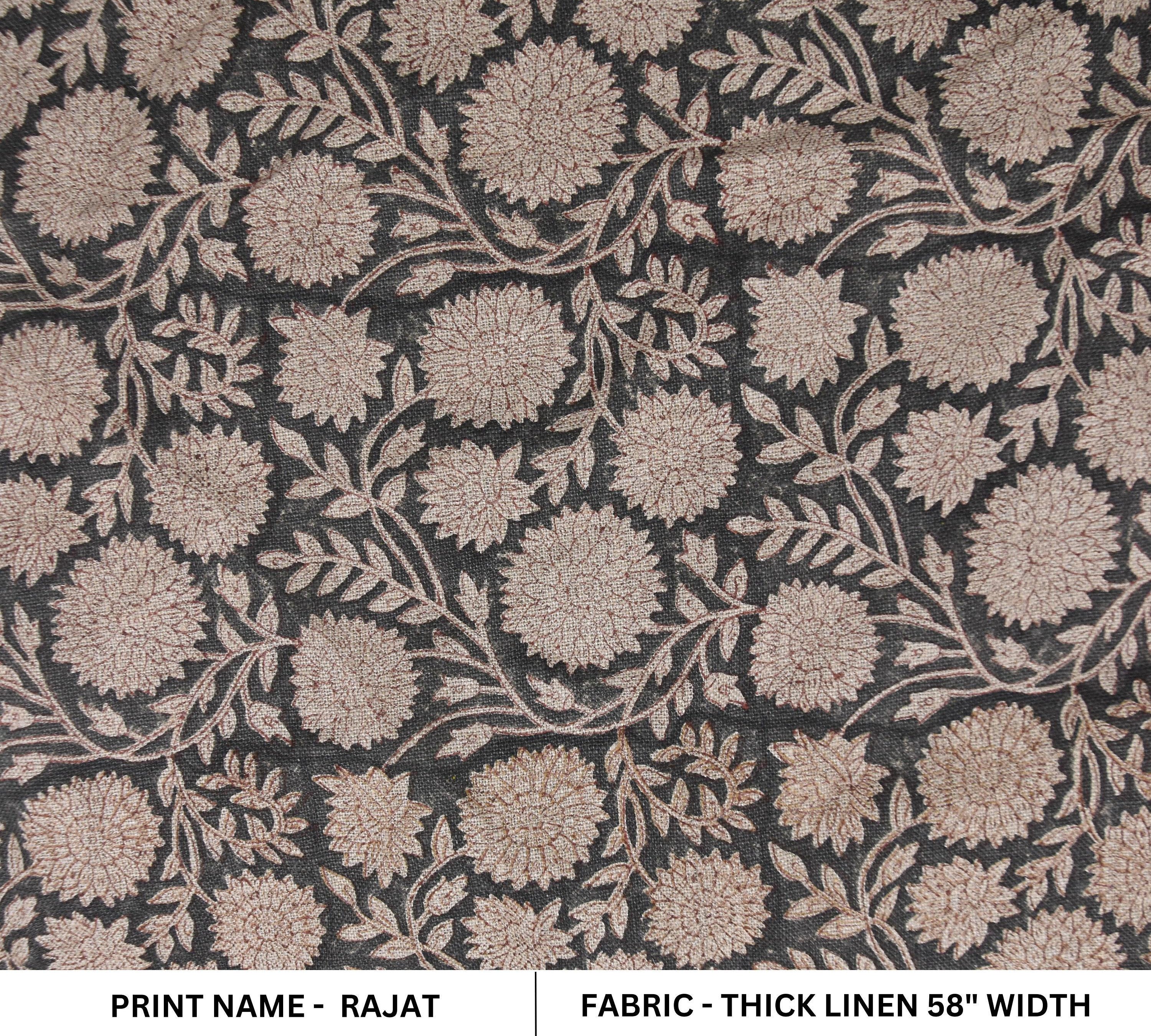 Linen Block Print Fabric 58 Inch Width Heavy Linen Natural Base Color Creative Handcrafted Floral Design To Make Curtains and Drapes Upholstery Pillow Covers Tablecloths and Runners Bedding Tote Bag by Fabritual