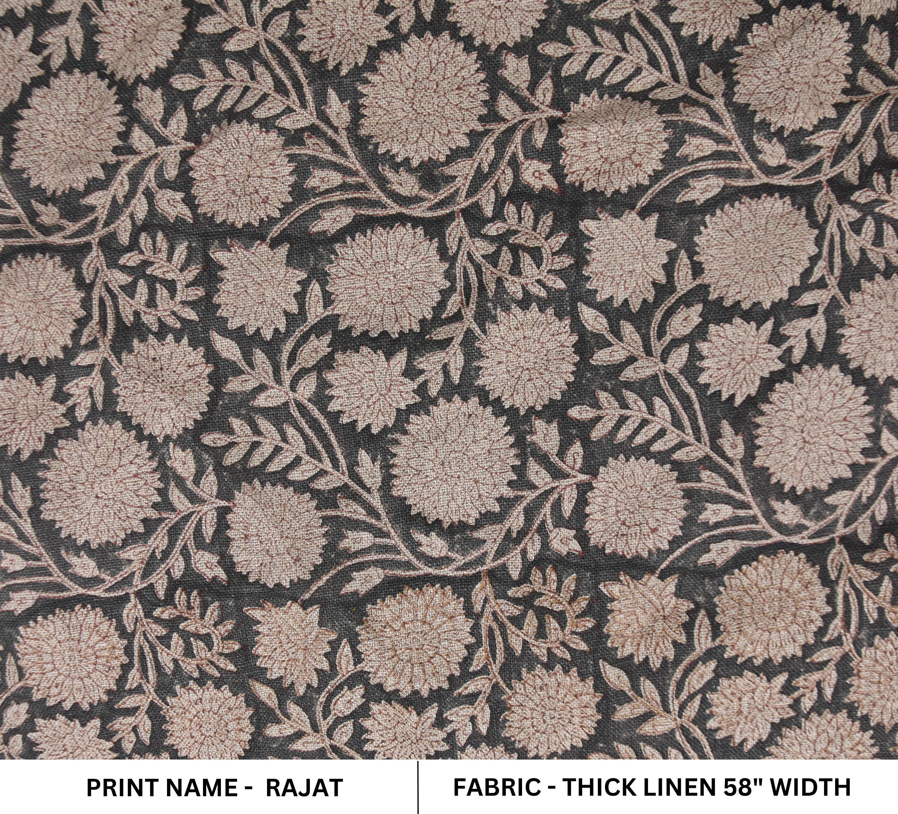Linen Block Print Fabric 58 Inch Width Heavy Linen Natural Base Color Creative Handcrafted Floral Design To Make Curtains and Drapes Upholstery Pillow Covers Tablecloths and Runners Bedding Tote Bag by Fabritual