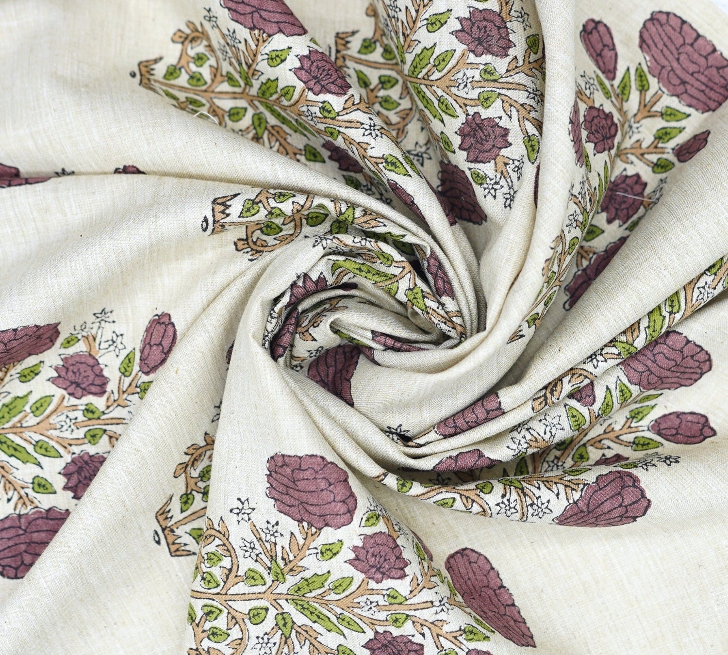 Pink Floral Fabric Handmade Boho Style on Soft Linen Blend for Home Décor - Swadesh