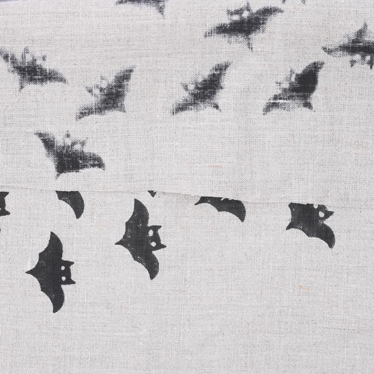 Handmade Art Wooden Block Black Bat Print Pure Linen Table Cover Fabric for Living Room Decor