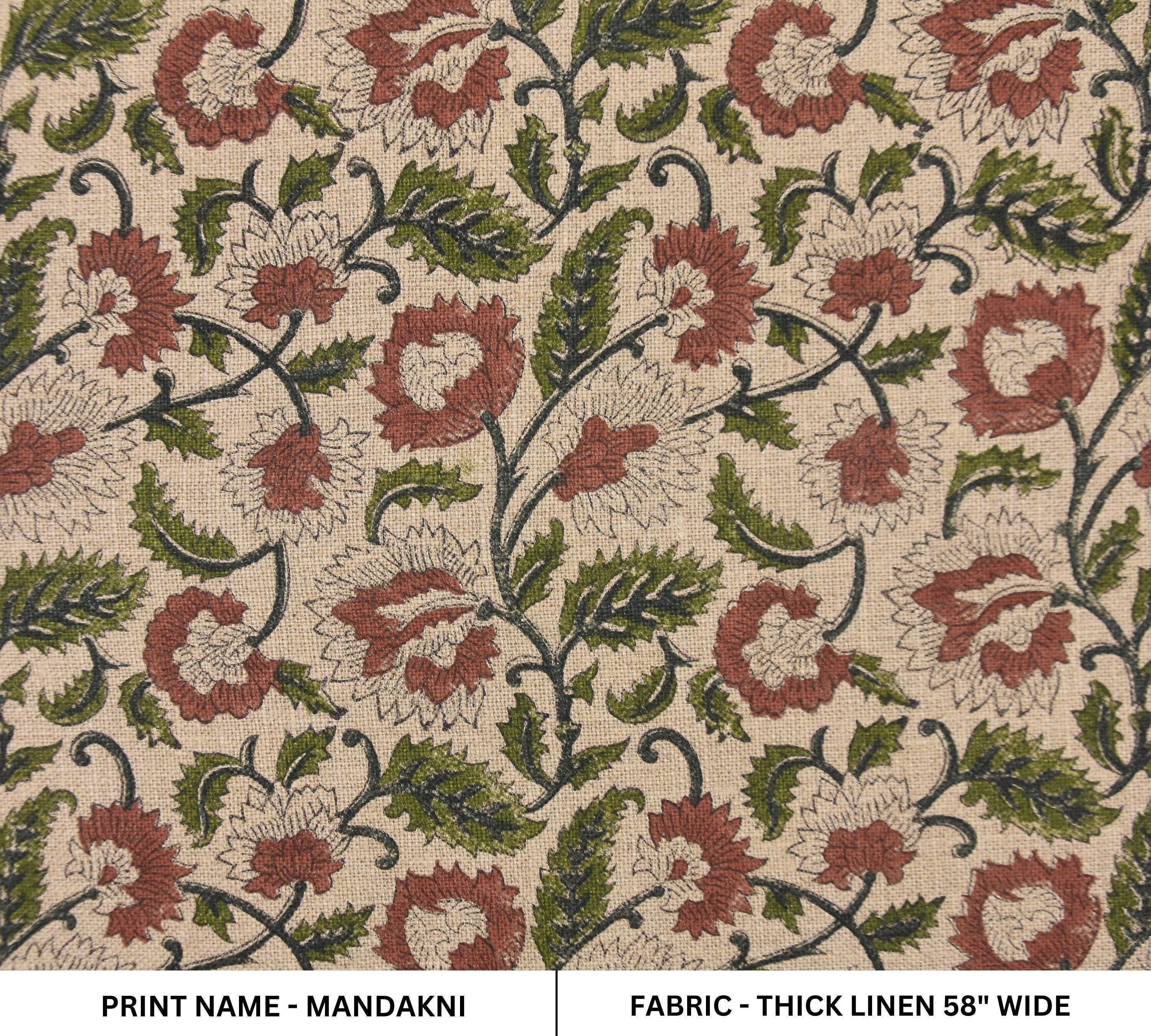 Linen Block Print Fabric 58 Inch Width Heavy Linen Natural Base With Unique Color Curtains and Drapes Upholstery Pillow Covers Tablecloths and Runners Bedding Tote Bag by Fabritual