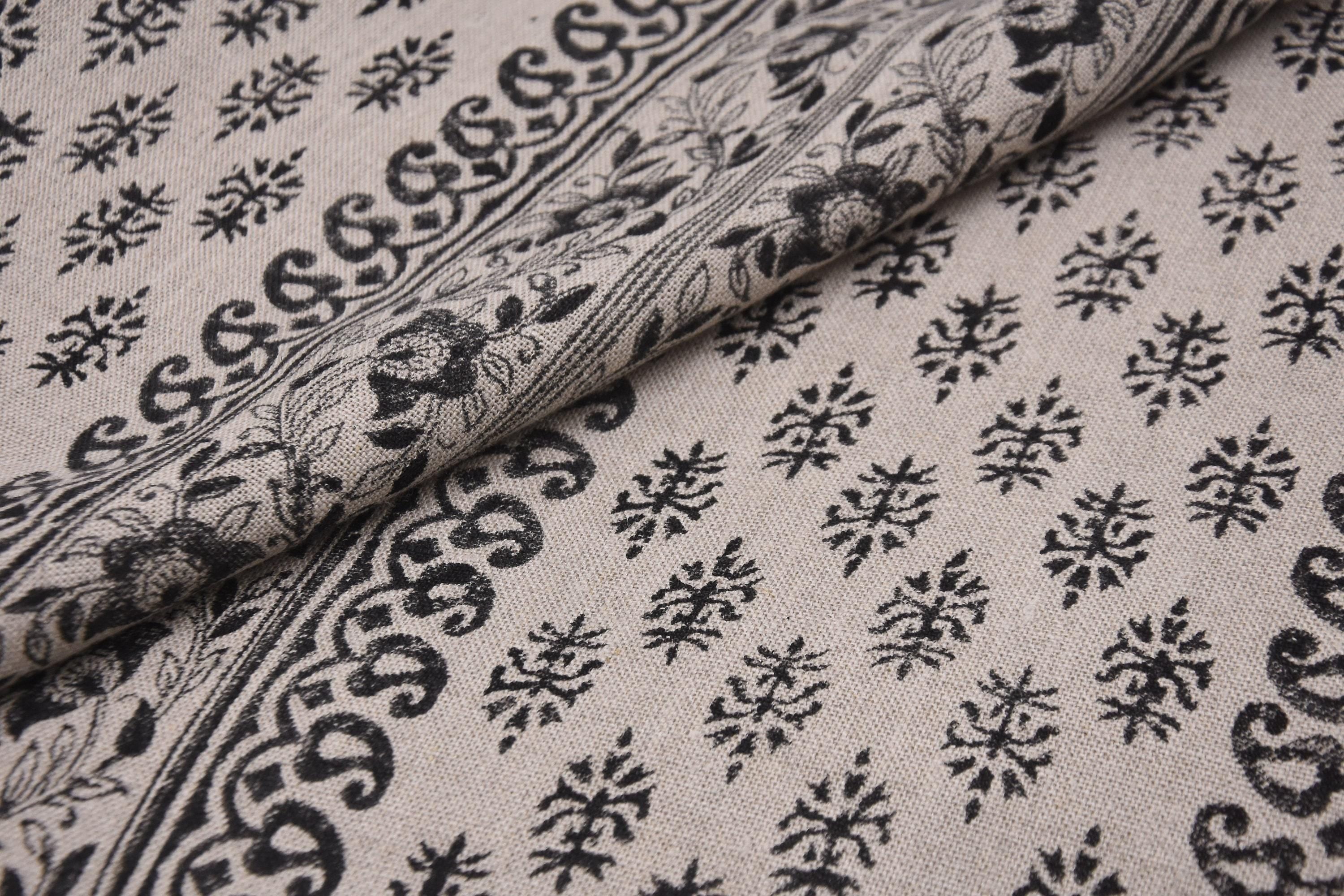 Linen Block Print Fabric 58 Inch Width Heavy Linen Natural Base Color Curtains and Drapes Pillow Covers Tablecloths and Runners Bedding Tote Bag by Fabritual