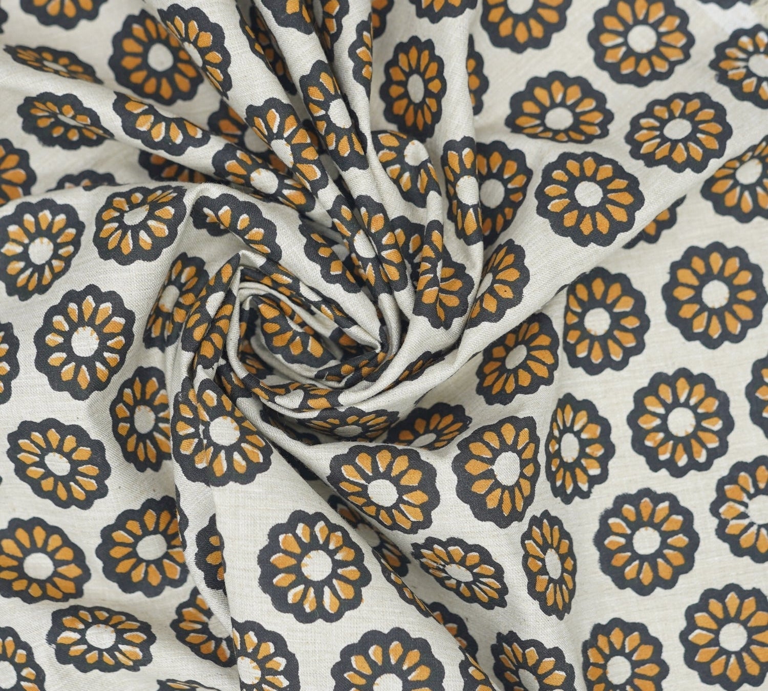 Handprinted India Made Black Floral Soft Touch Linen Blend Fabric - Bulbul 