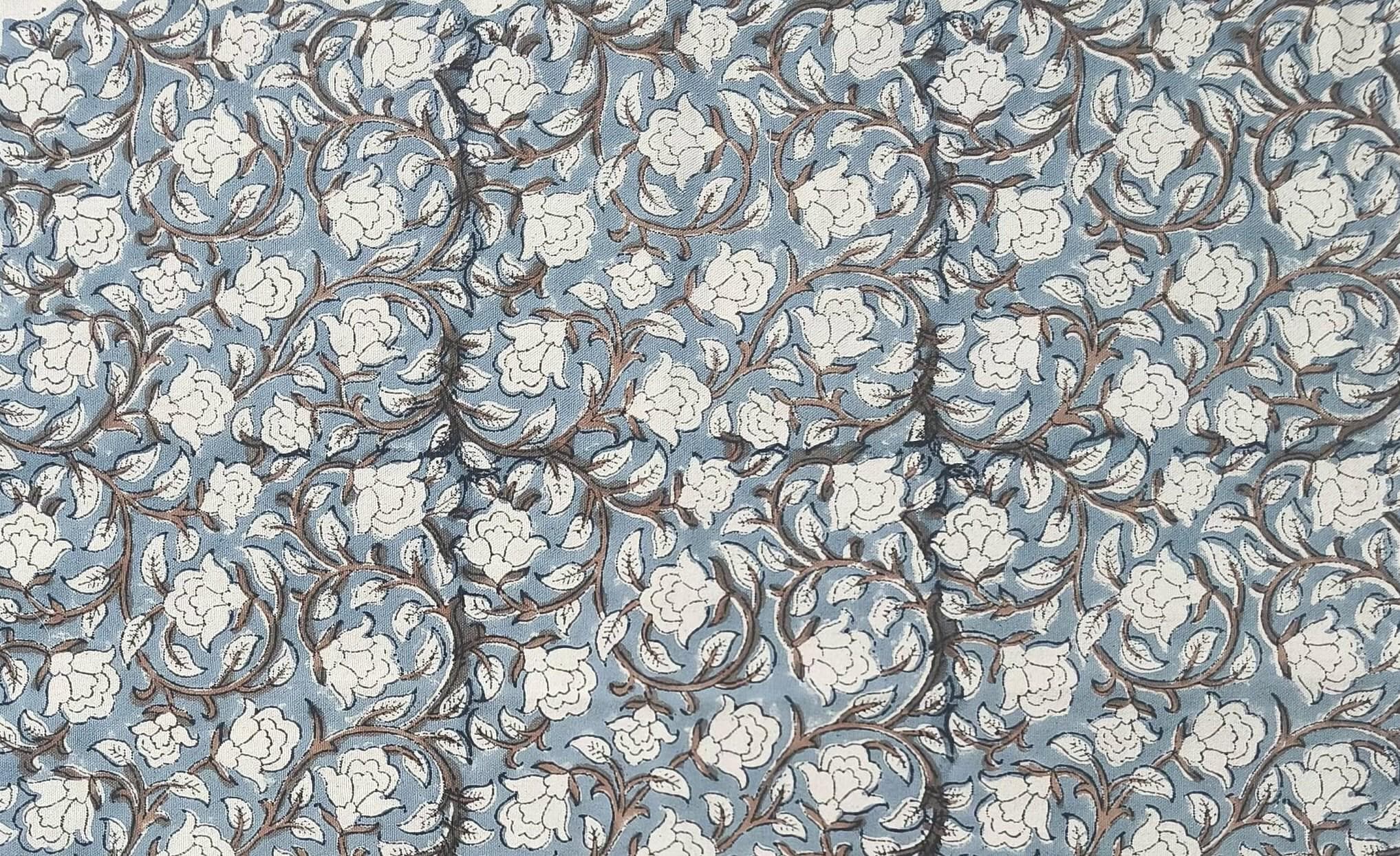 Handmade Block Printed Duck Canvas Fabric in Bluish & Beige Floral for Decorative Cushion & Curtain Covers - Amritvela