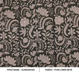 Hand Block Printed Brown and Silver Pink Floral Pure Linen Decorative Fabric - KUNDANVAN