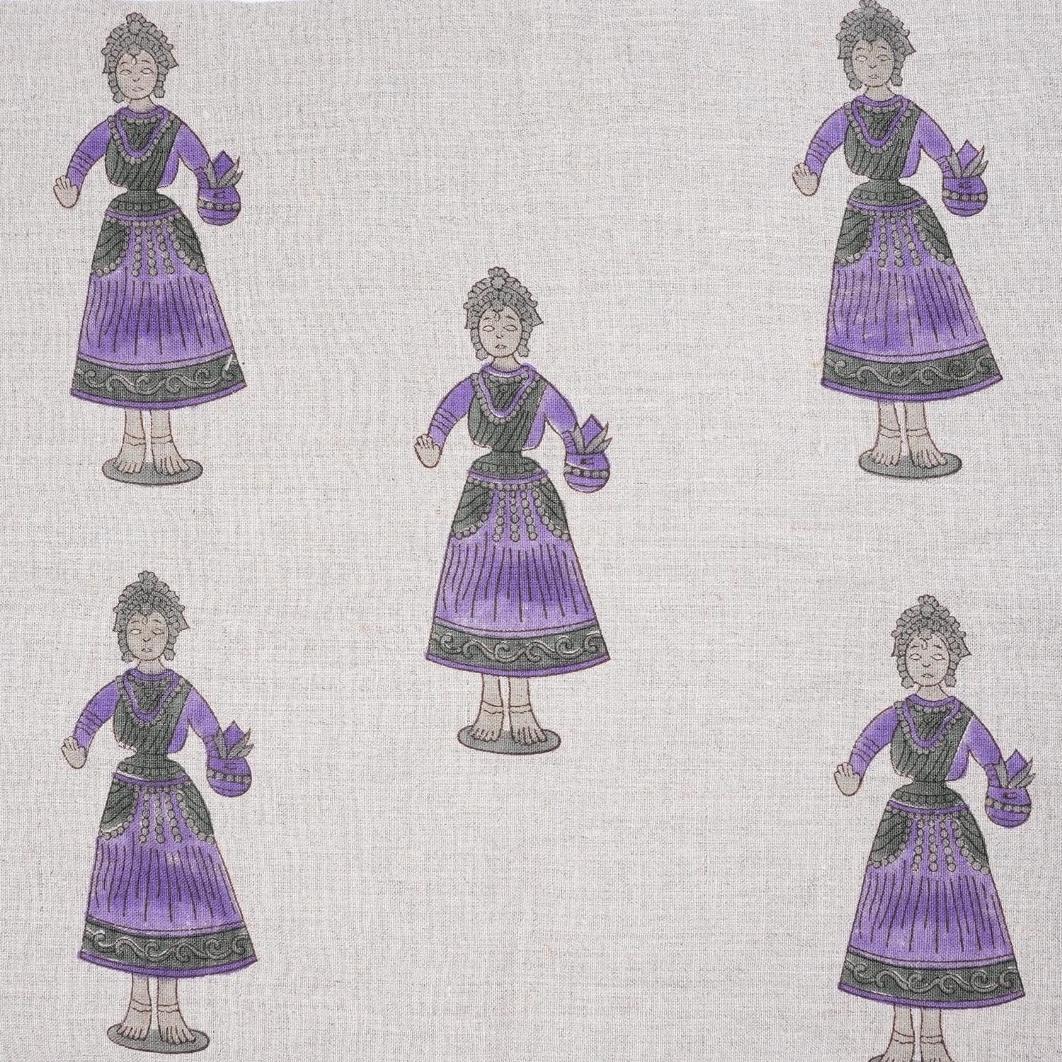 Handmade Art Block Print Decorative Katputli in Purple and Gray on Pure Linen Fabric for Cushion Cover