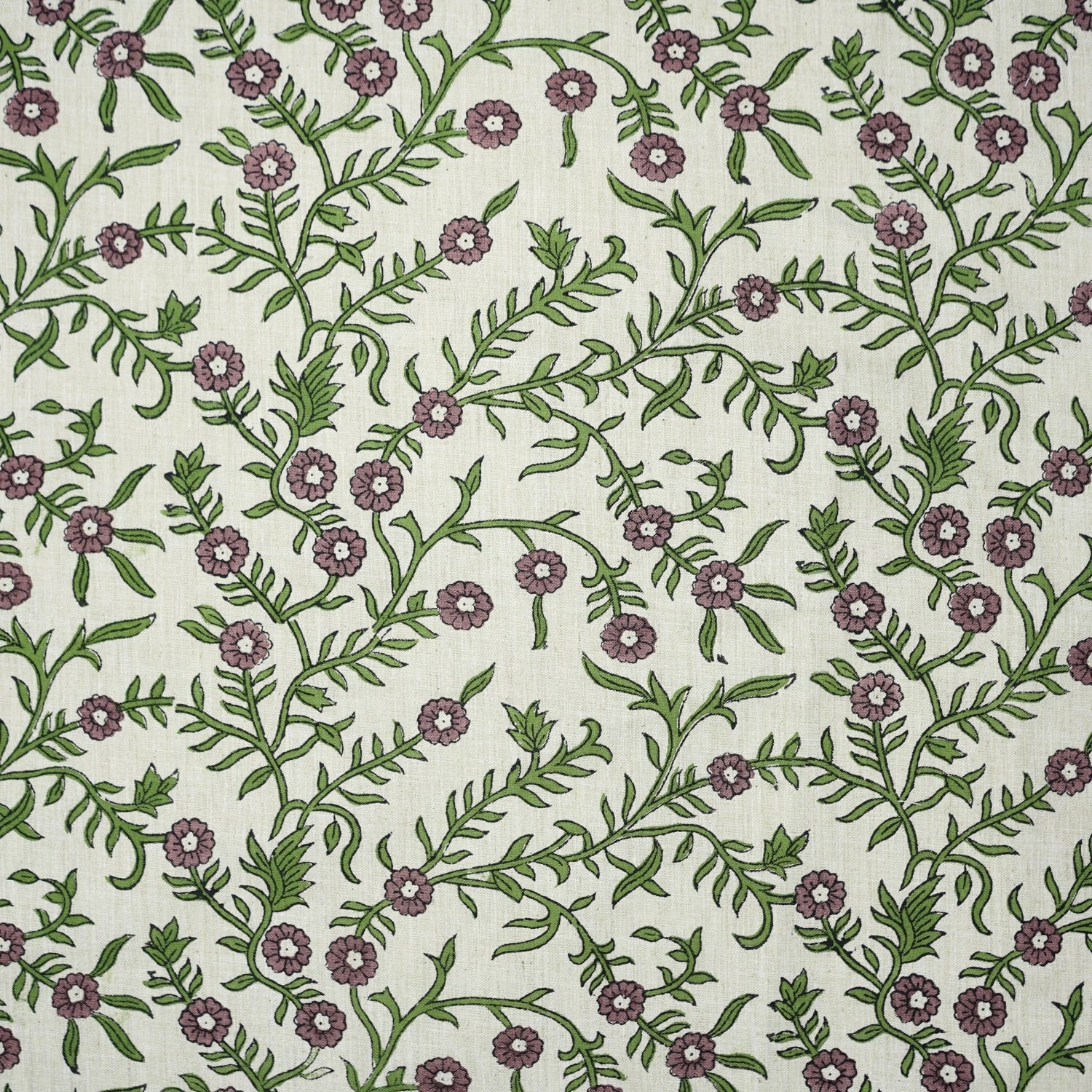 Indian Hand Block Printed Soft Fabric Green Floral on Linen Blend - Shehjan 