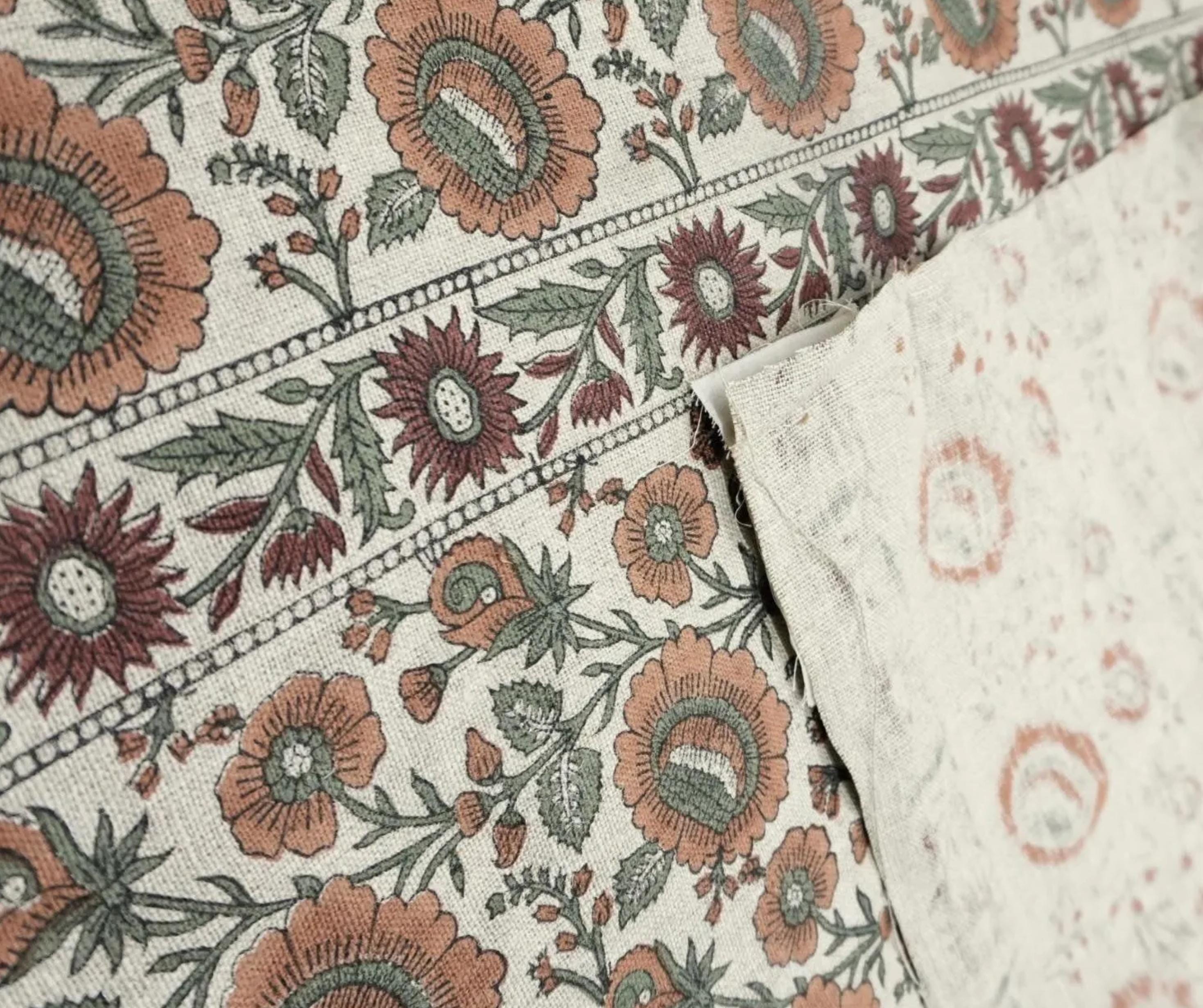 Linen Block Print Fabric 58 Inch Width Heavy Weight Linen Natural Base Color Upholstery Handmade Art Pillow Covers Tablecloths and Runners Bedding Tote Bag Lampshades Napkins by Fabritual