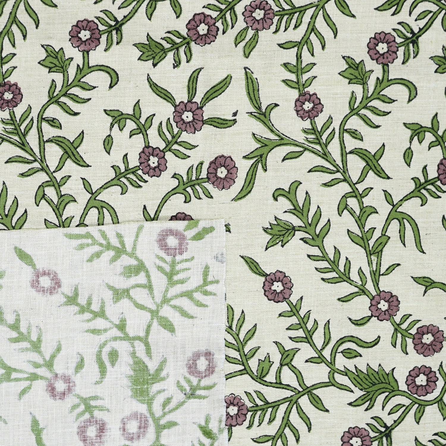 Indian Hand Block Printed Soft Fabric Green Floral on Linen Blend - Shehjan 