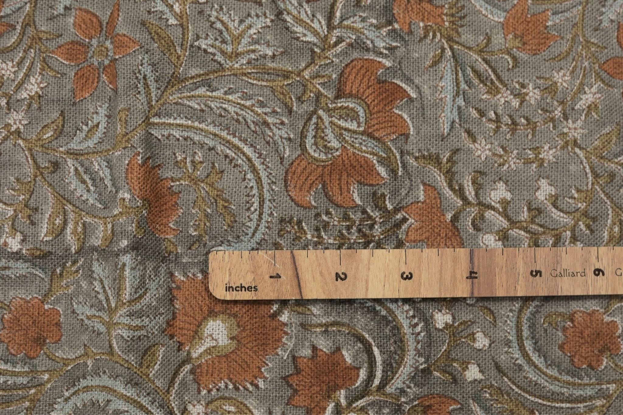 Indian Hand Stamped Block Printed Thick Linen Pure Fabric in Bronze and Gray Floral for Living Room Decor – Kundanvan