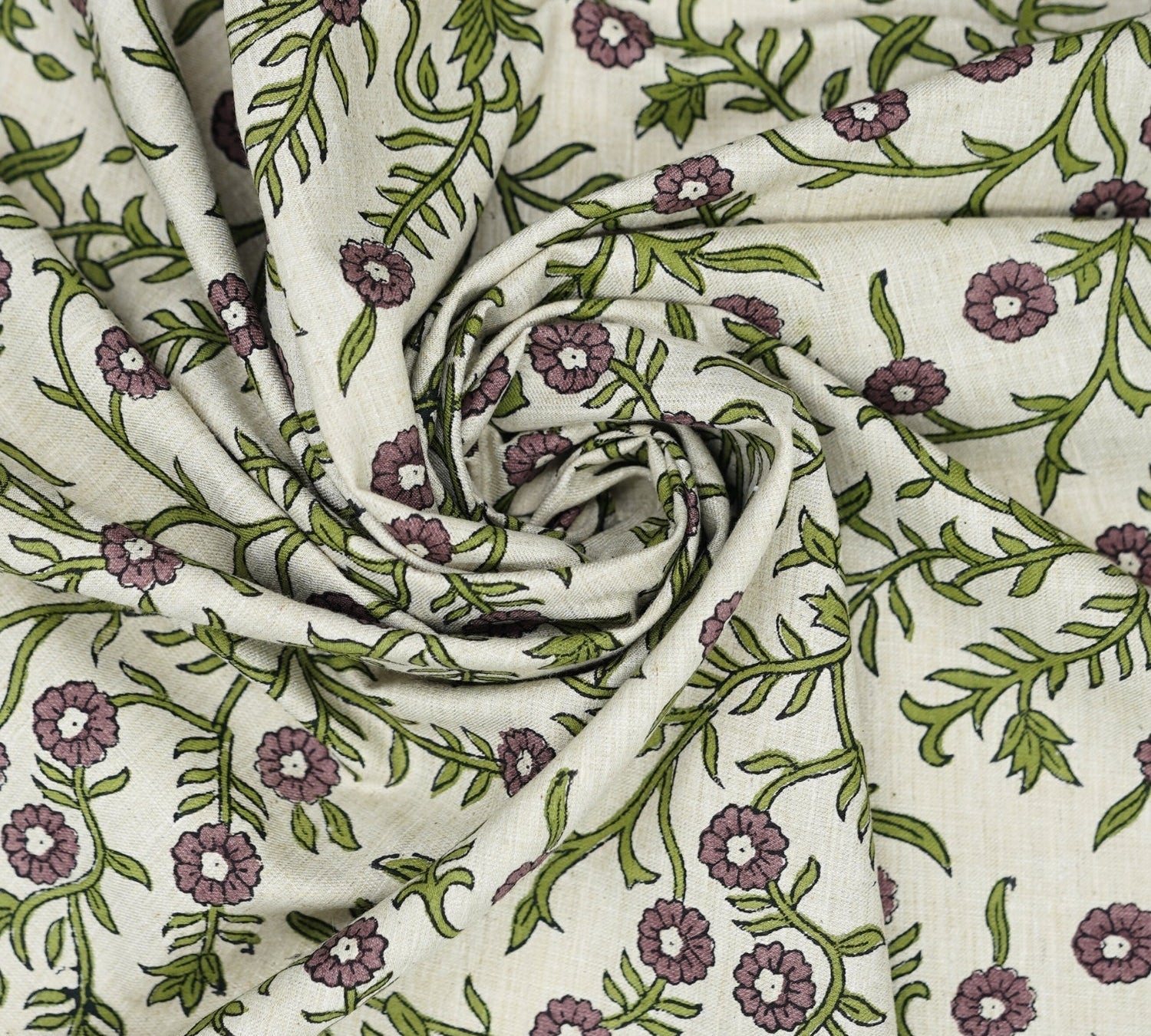 Indian Hand Block Printed Soft Fabric Green Floral on Linen Blend - Shehjan 