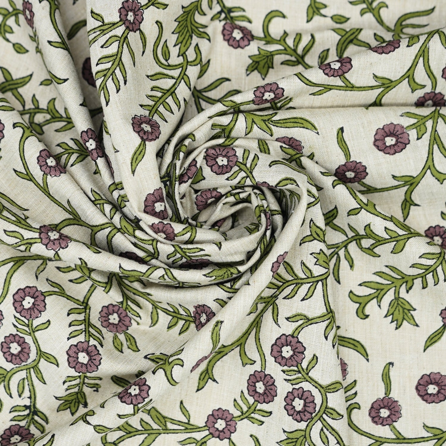 Indian Hand Block Printed Soft Fabric Green Floral on Linen Blend - Shehjan 