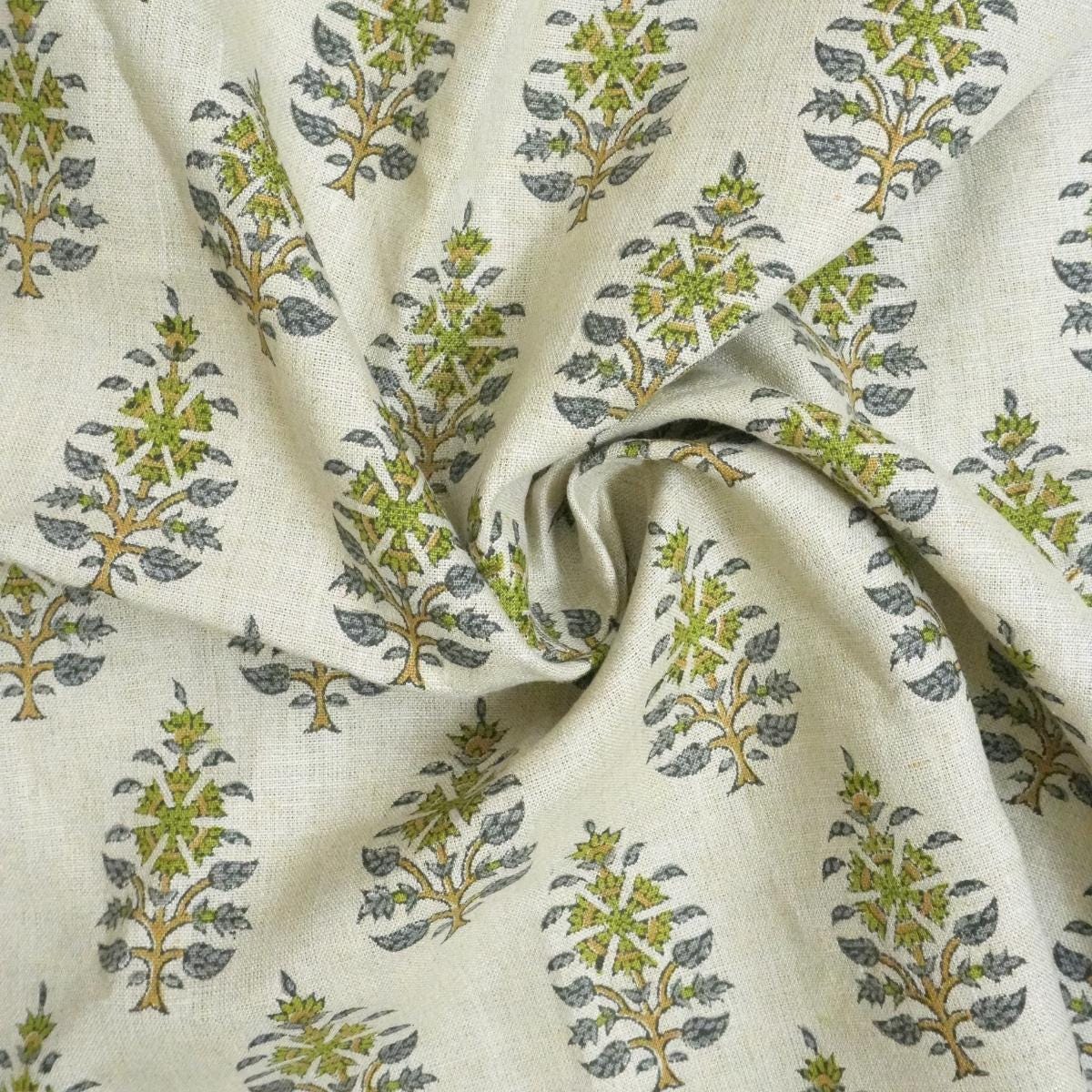 Handcrafted Pure Linen Green and Gray Leaf Floral Block Printed Fabric in Medium Weight Upholstery for Cushions - GULNAARI