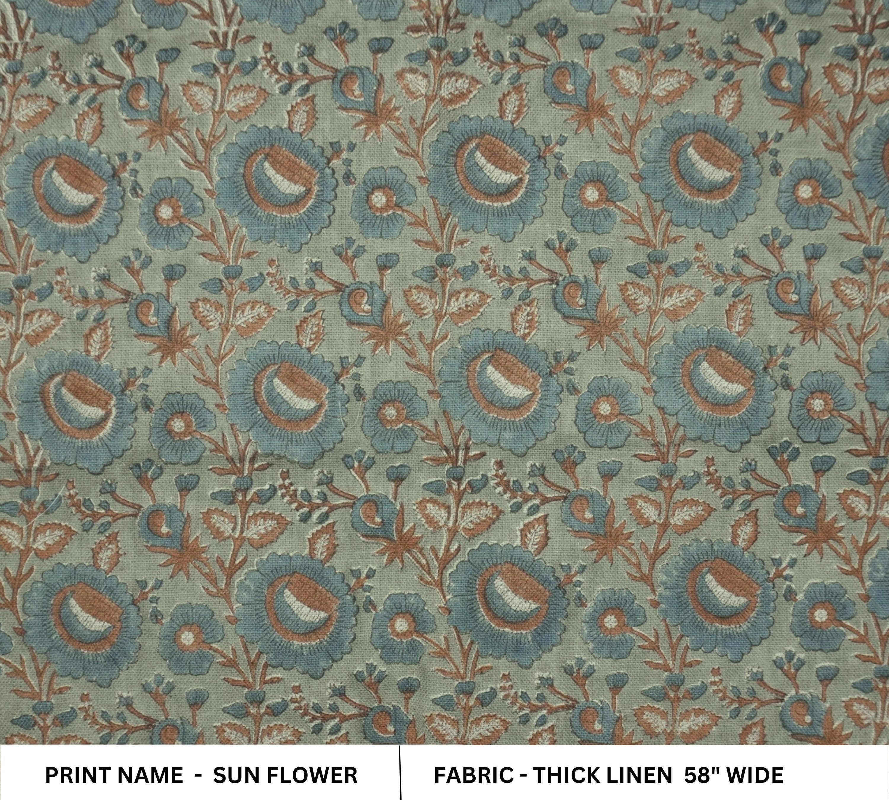 Linen Block Print Fabric 58 Inch Width Heavy Weight Linen Natural Base Color Curtains and Drapes Upholstery Handmade Art Pillow Covers Tablecloths and Runners Bedding Tote Bag Lampshades Napkins by Fabritual
