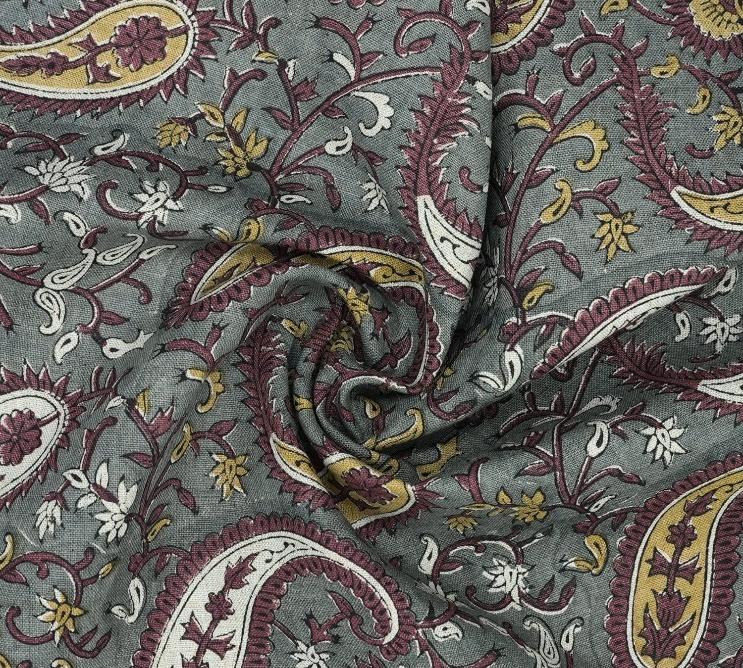 Handmade Pure Linen Gray Floral Block Printed Boho Fabric Ecofriendly Textile - Kiyra 