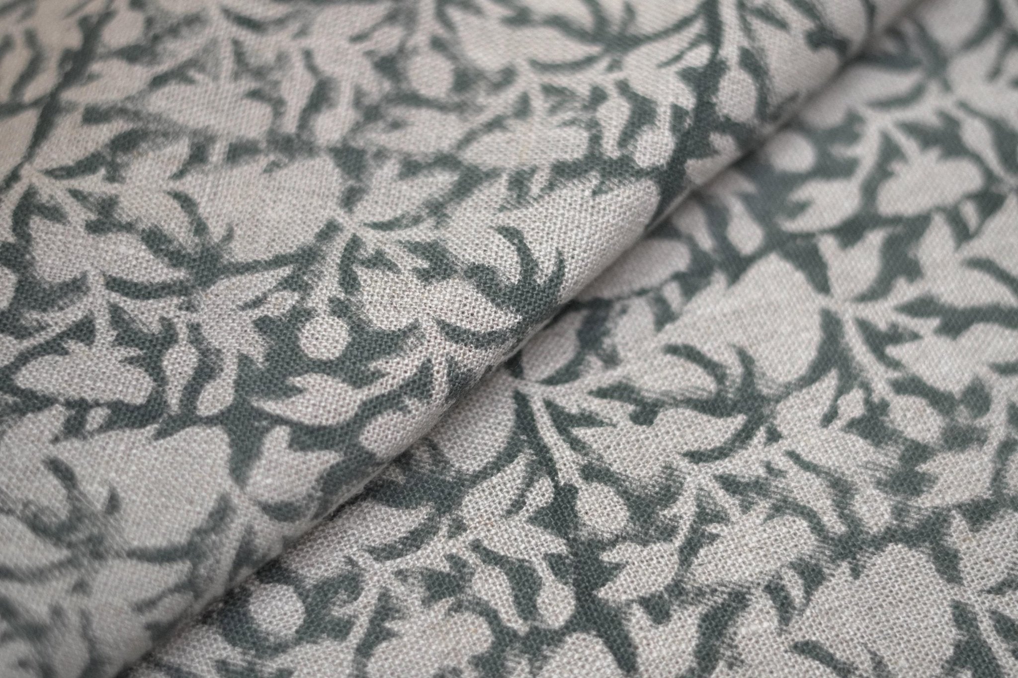 Handcrafted Indian Block Printed Premium Gray Floral Thick Linen 58" Wide Fabric – Midnight Gudhal