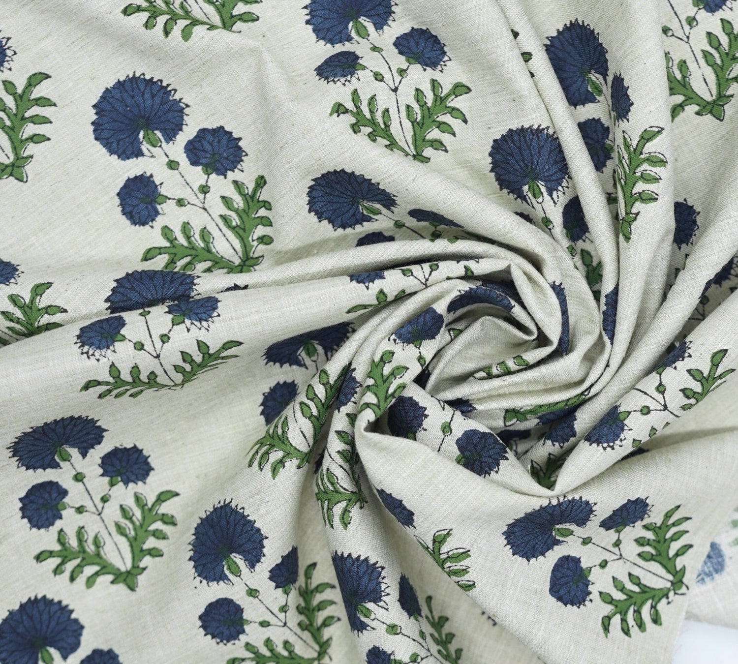 Blue Floral Block Printed Lightweight Linen Blend Fabric  - Rishi Design