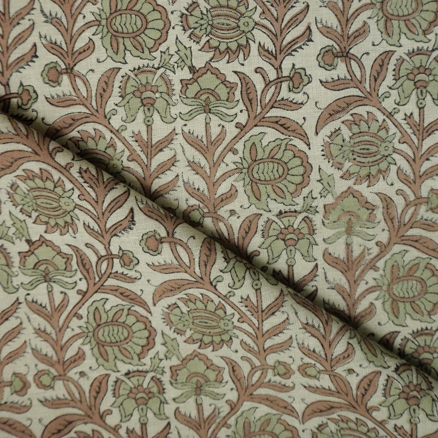Floral viscose blend fabric, hand block printed for chair slipcovers and tablecloths, Indian viscose linen fabric, floral design for boho-style upholstery and napkins, Viscose-linen blend fabric, earthy floral Indian block print for pillows and runners.