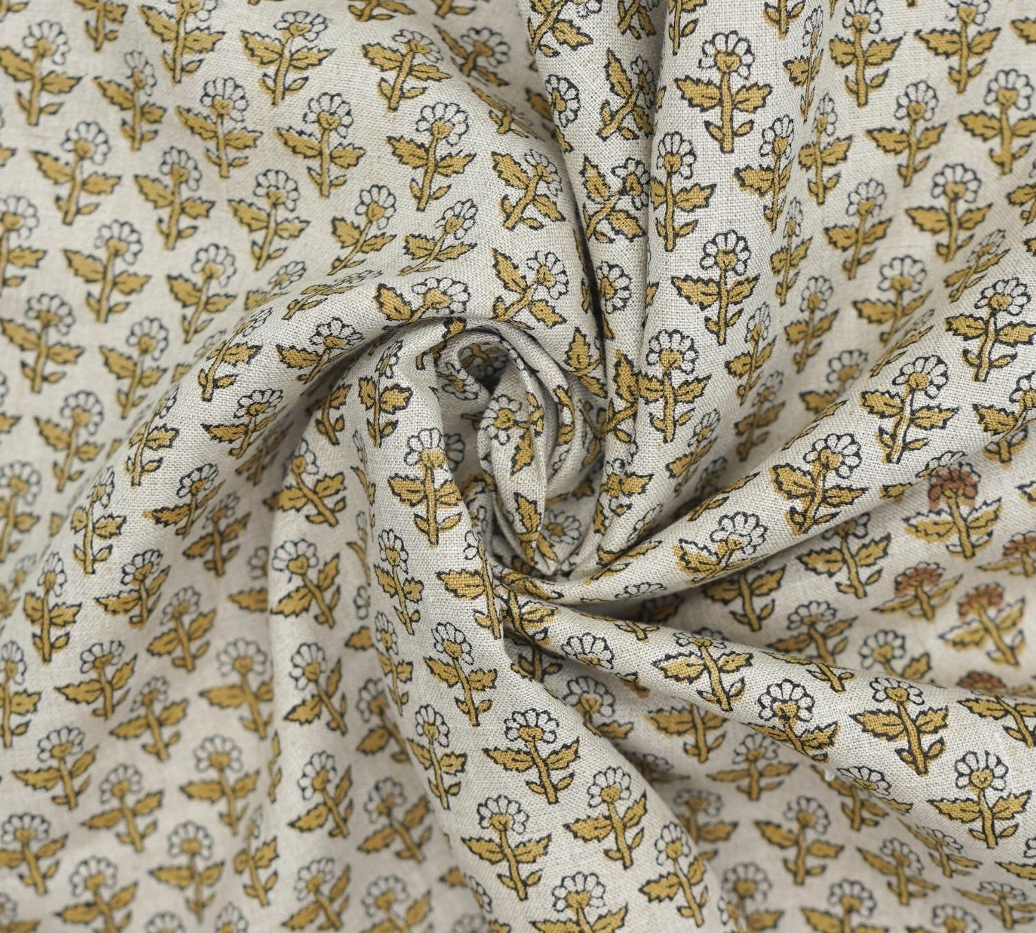 Artisanal Handmade Mediumweight Brown Floral Pure Linen Fabric – Gulmohar