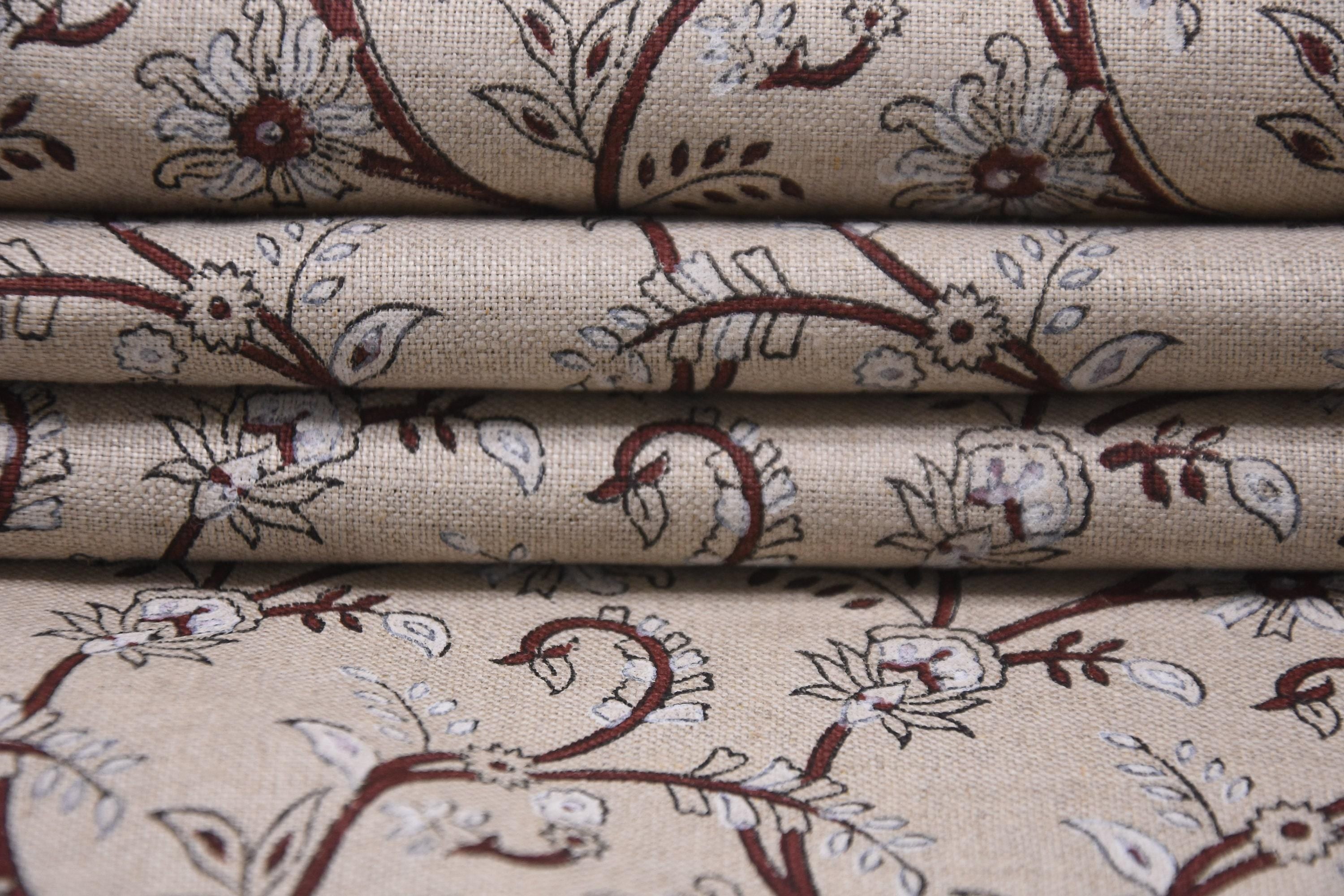 Traditional Handcrafted 100% Pure Linen Fabric with Brown Floral Block Printed for Curtains Indian Textiles – VARANASI