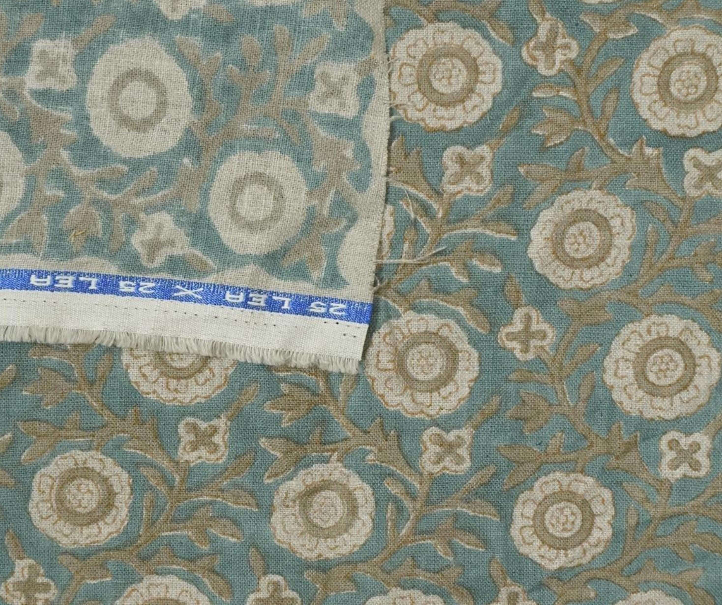 Linen Block Print Fabric 58 Inch Width Medium Weight Linen Natural Base Color Curtains and Drapes Upholstery Handmade Art Pillow Covers Tablecloths and Runners Bedding Tote Bag Lampshades Napkins by Fabritual