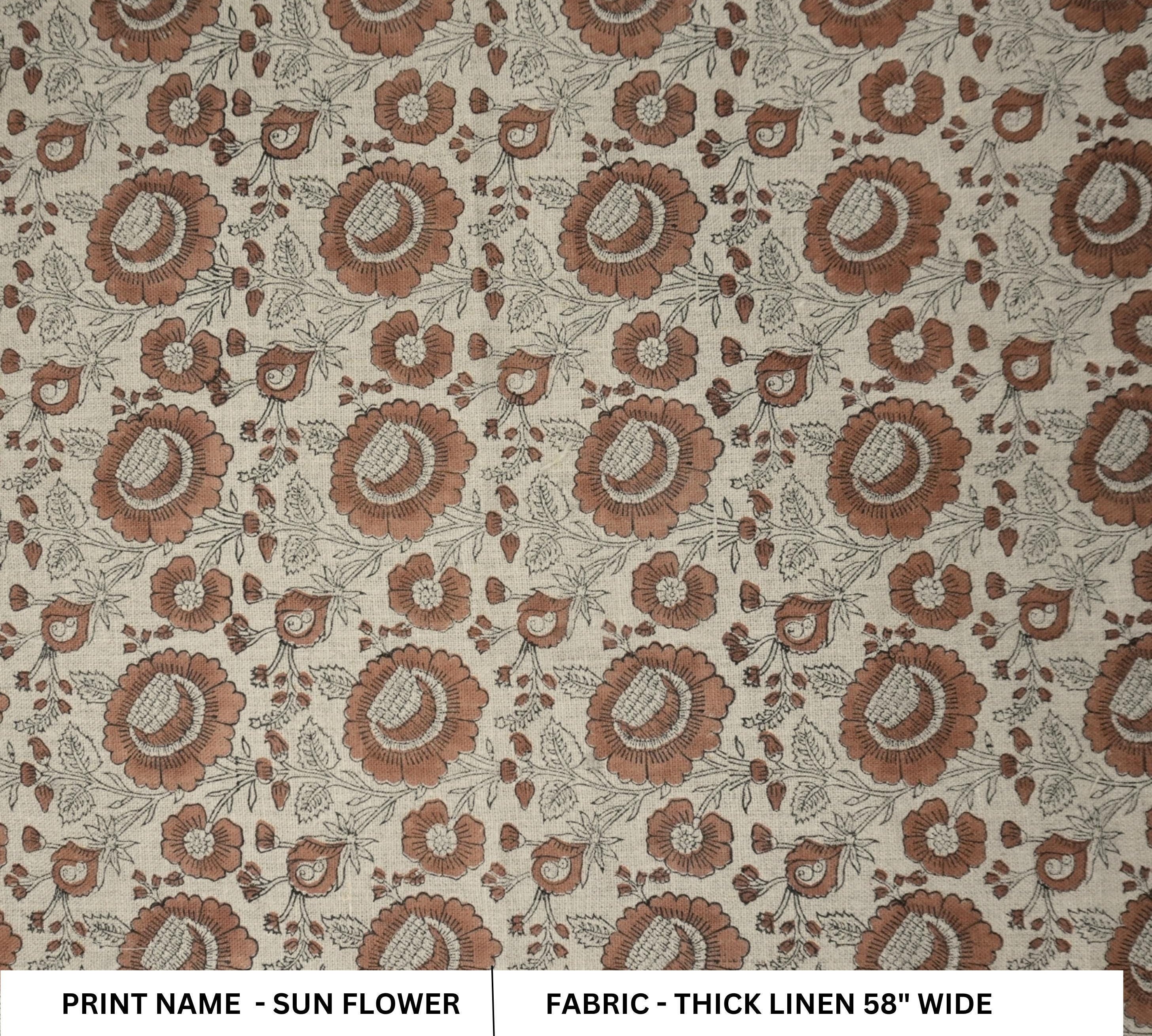 Linen Block Print Fabric 58 Inch Width Heavy Weight Linen Natural Base Color Curtains and Drapes Upholstery Handmade Art Pillow Covers Tablecloths and Runners Bedding Tote Bag Lampshades Napkins by Fabritual