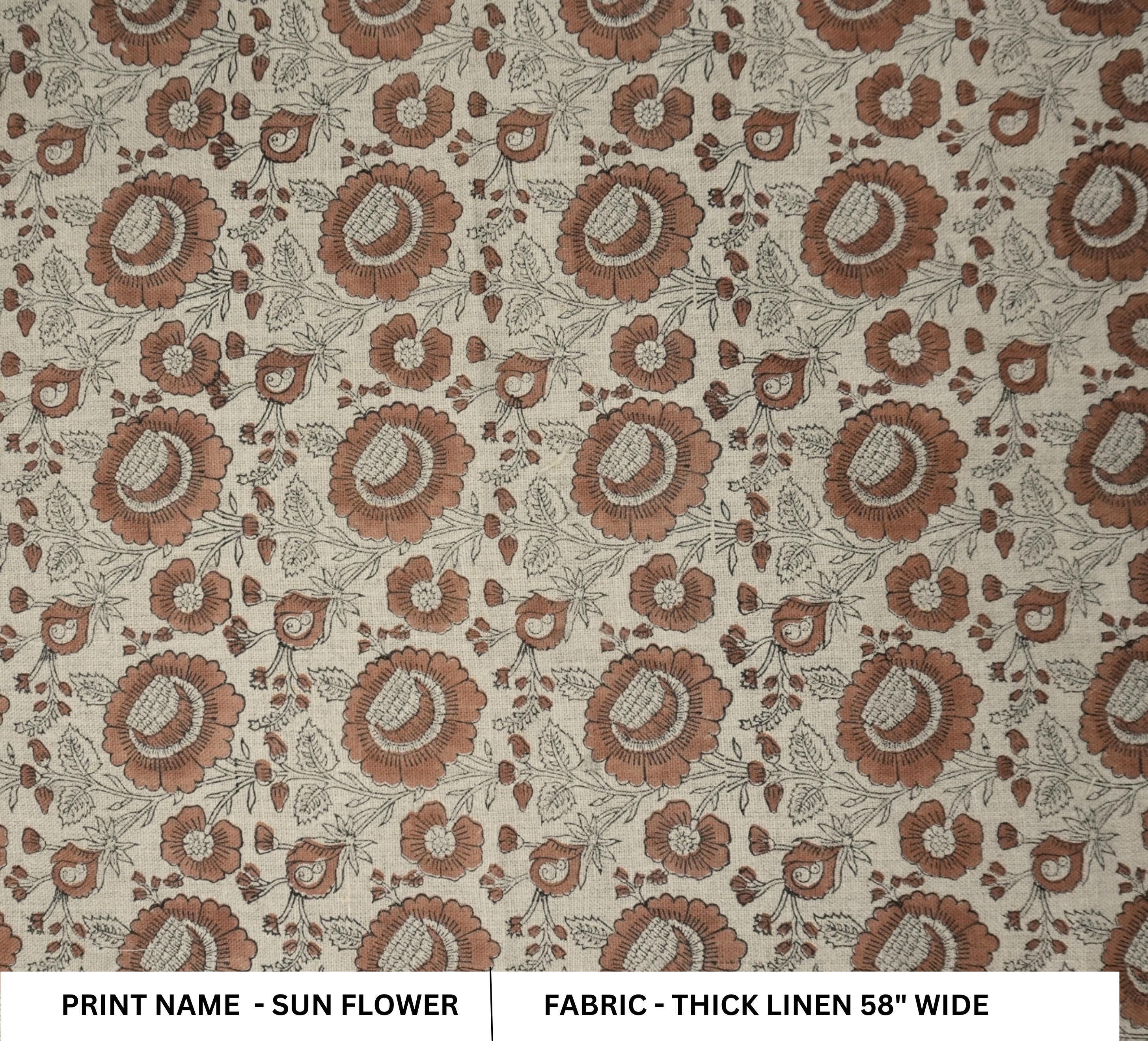 Linen Block Print Fabric 58 Inch Width Heavy Weight Linen Natural Base Color Curtains and Drapes Upholstery Handmade Art Pillow Covers Tablecloths and Runners Bedding Tote Bag Lampshades Napkins by Fabritual