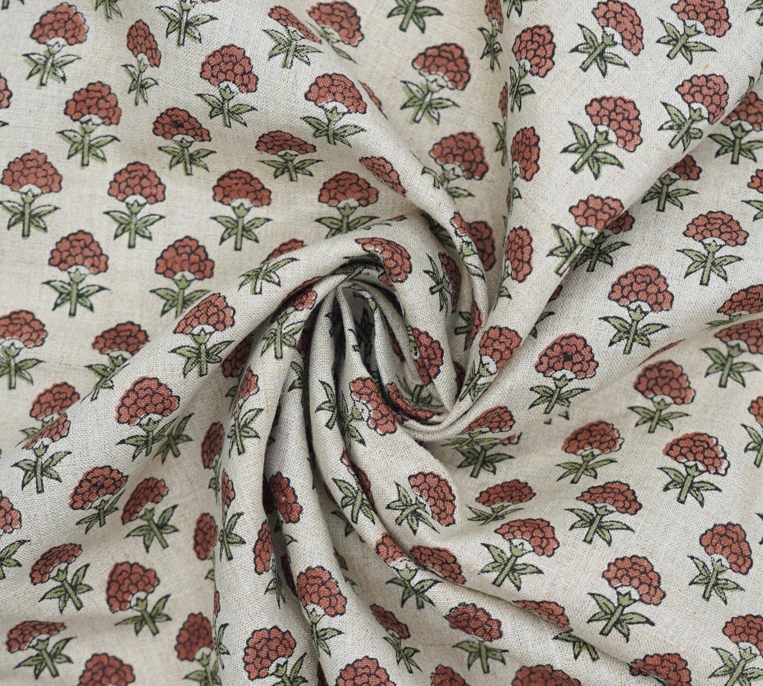 Handmade Floral Block Printed Brown Pure Linen Fabric Customizable Home Decor – Strawberry