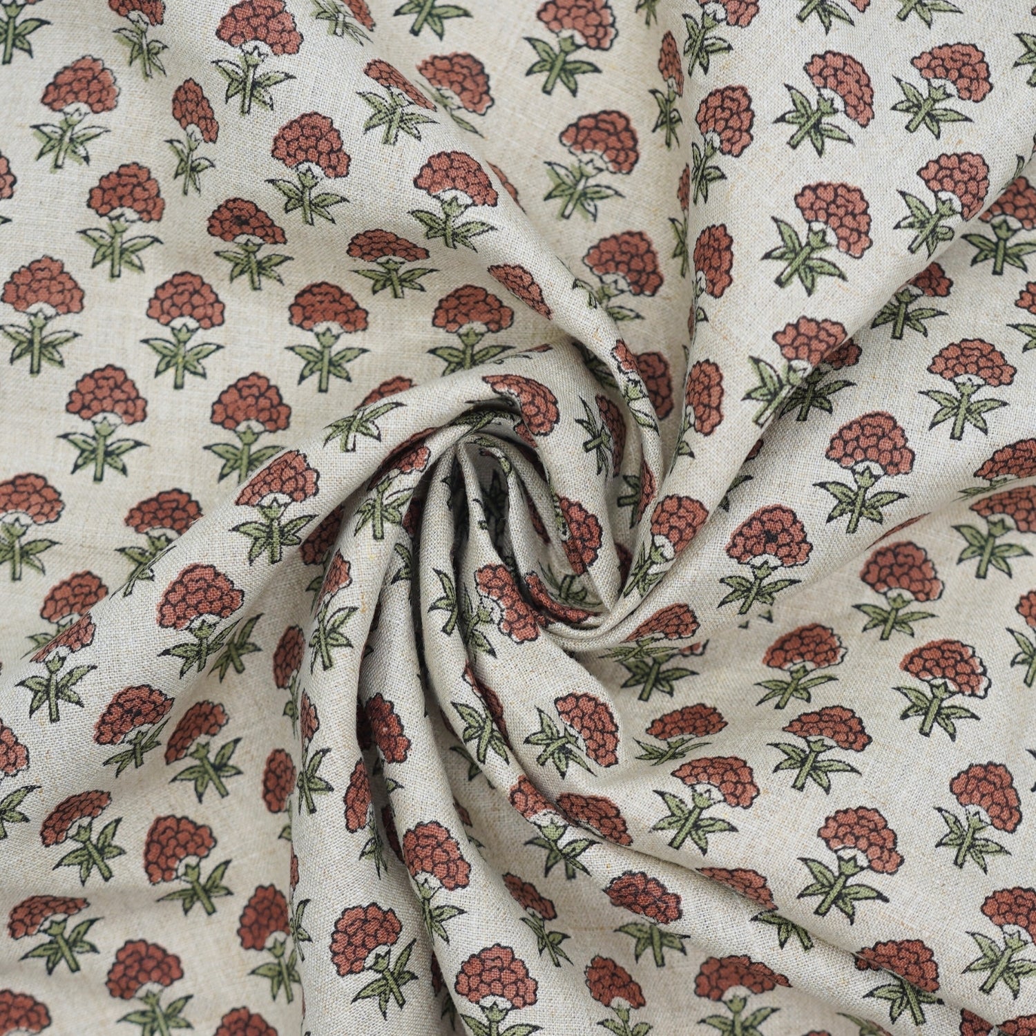 Handmade Floral Block Printed Brown Pure Linen Fabric Customizable Home Decor – Strawberry